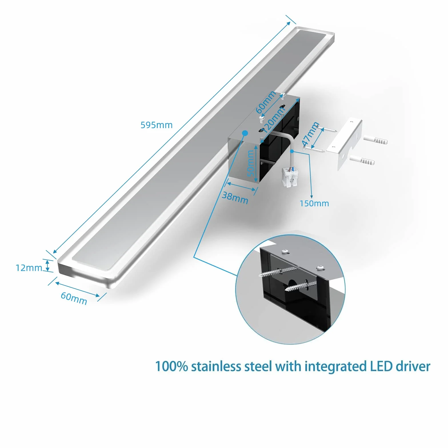 Lampa łazienkowa na lustro ze stali nierdzewnej 60 cm 15 W 1600 lm IP44 zimna biel 6000 K