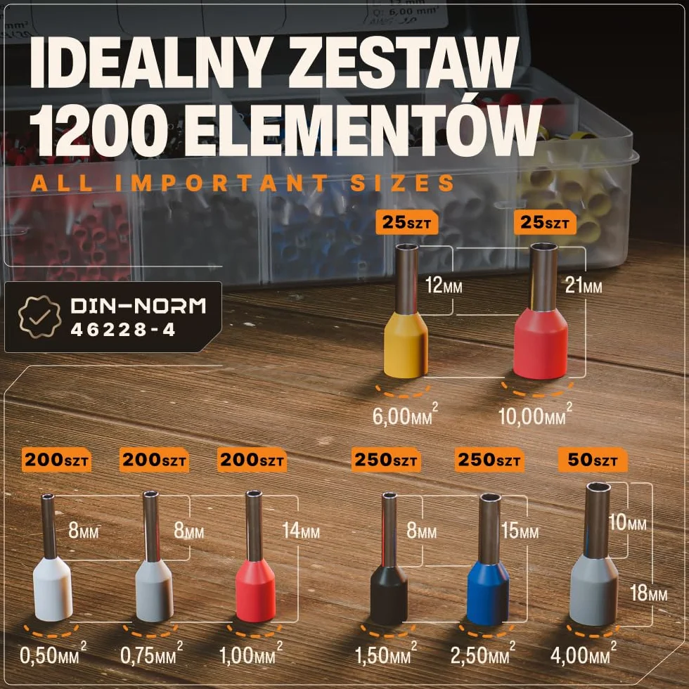 BAURIX Końcówek kablowych 1200 sztuk Zestaw DIN 0,5-10 mm² Izolowanych tulejek