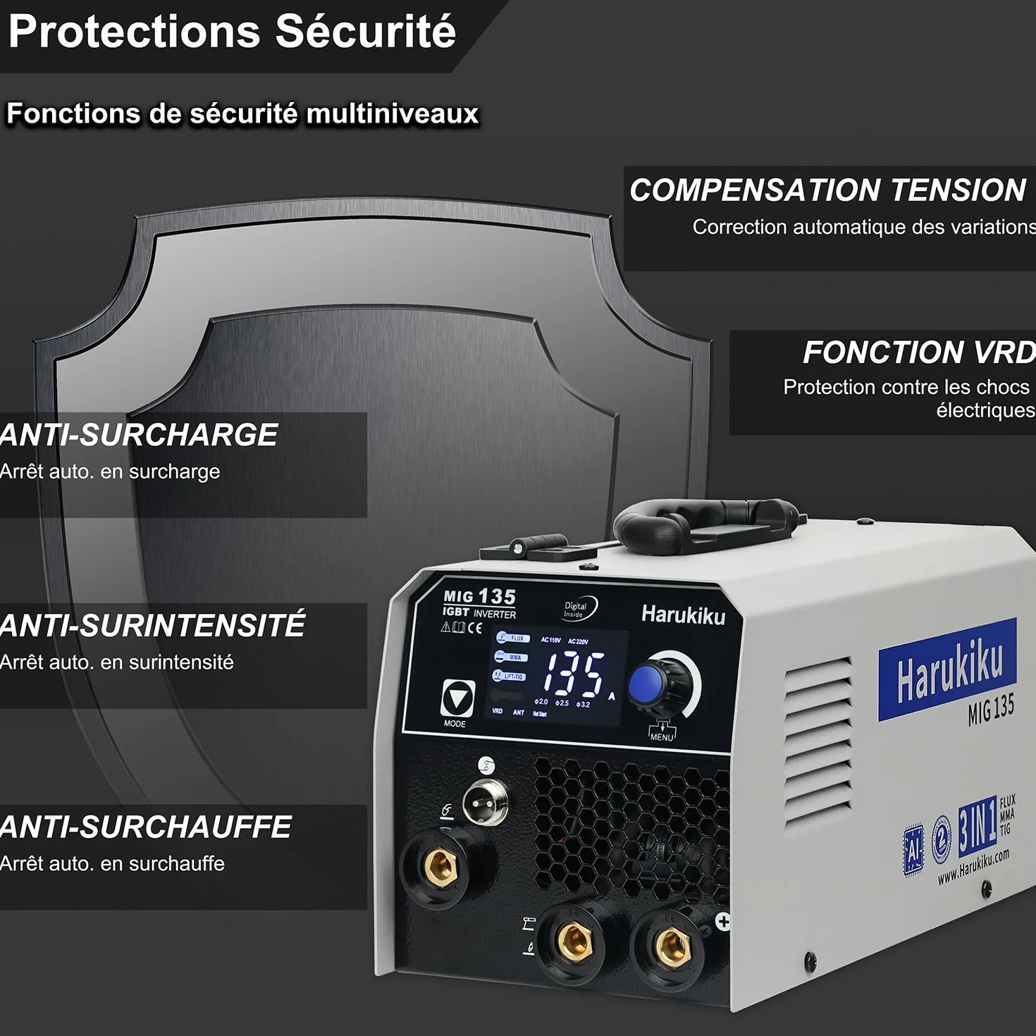 Harukiku135 Spawarka 3w1 Wieloprocesowa MIG MMA Lift TIG Synergicznym Podajnikiem Bezgazowa Kompaktowy Inverter IGBT