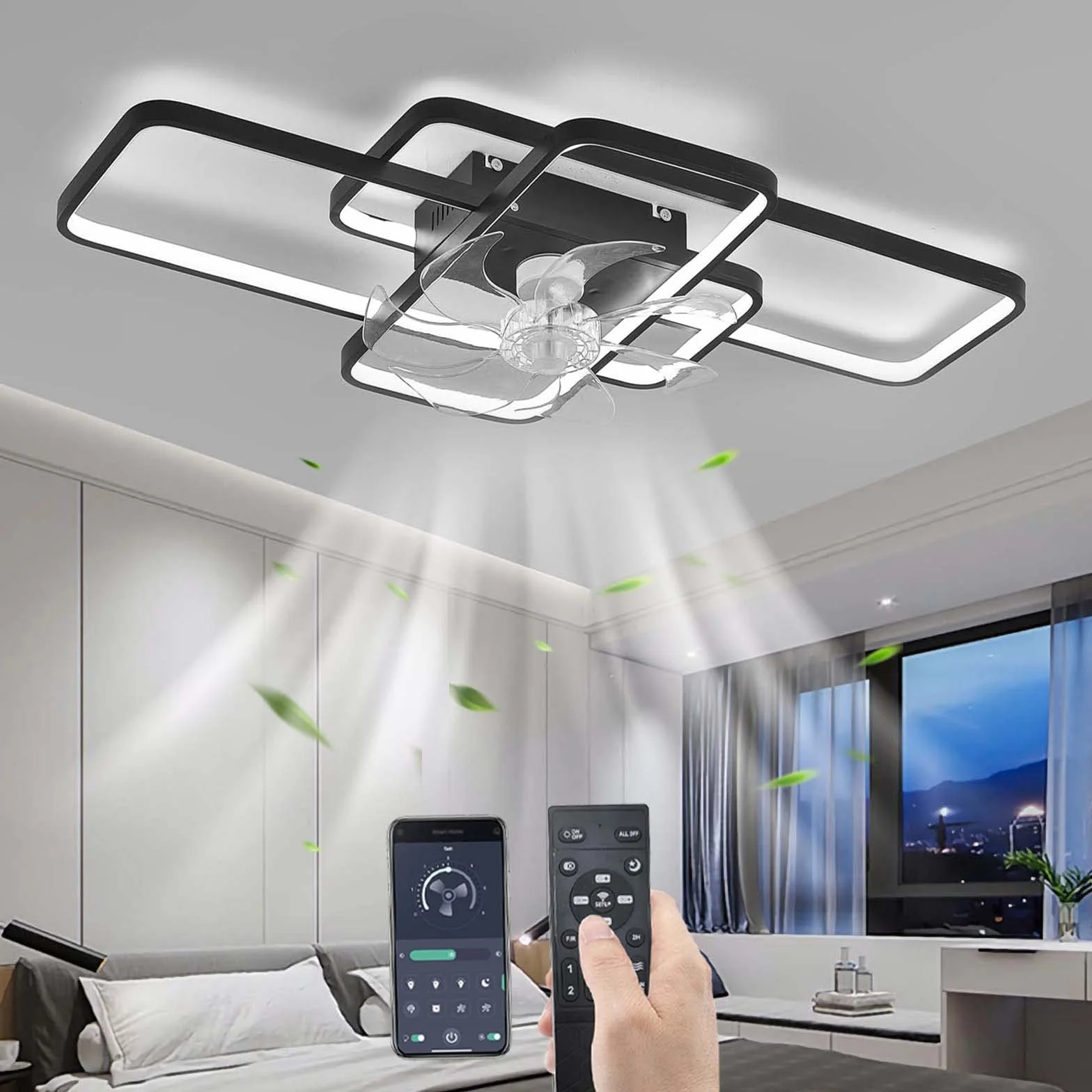Cichy Wentylator Sufitowy z Oświetleniem LED 80W Ściemnialny z Pilotem 72CM Czarny