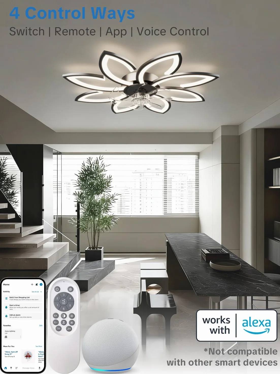 Wentylator sufitowy z oświetleniem i aplikacją zdalnego sterowania, lampa z wentylatorem, cichy, kwiatowy nowoczesny design, możliwość ściemniania, funkcja pamięci, silnik DC, tryb letni, tryb