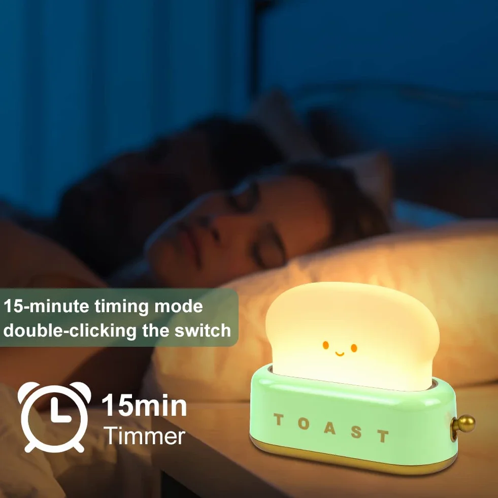 URAQT Lampka nocna dla dzieci w kształcie tostera, przenośna, USB, z zegarem, zielona
