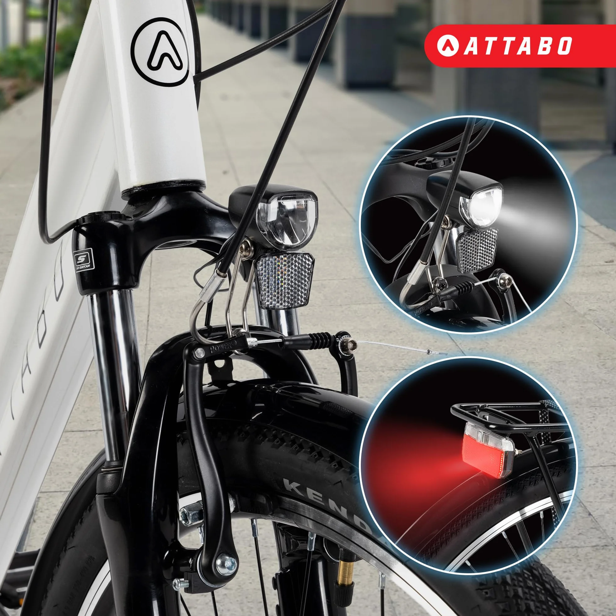 ATTABO Rower trekkingowy damski z ramą 17"-19", ergonomiczna kierownica, hamulce V-Brake, wytrzymały, biały rower z kołami 28", z niskim bagażnikiem, dzwonek rowerowy i odblaskami