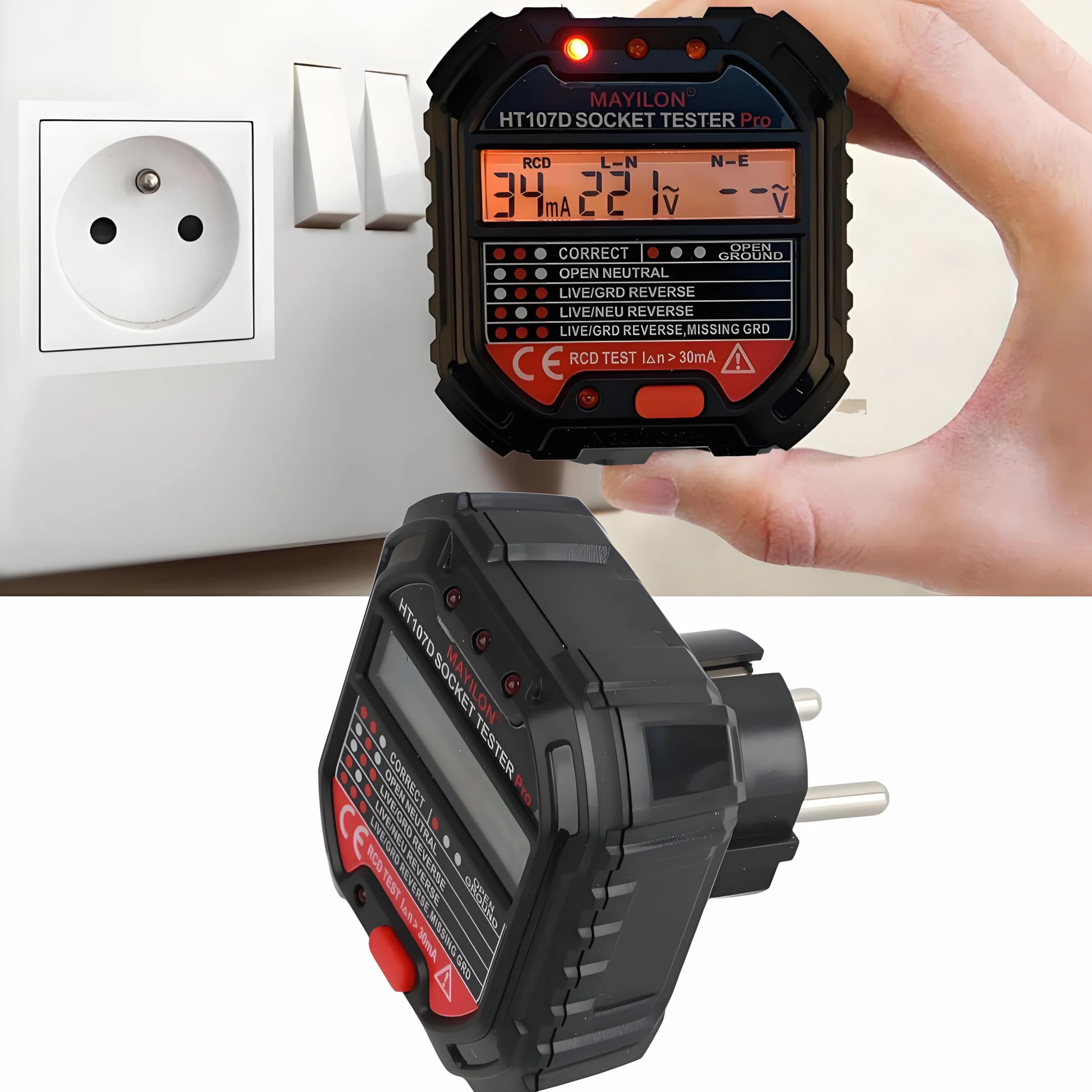 Tester obwodów HT107D Tester gniazda zasilania z wyświetlaczem LCD Narzędzie do kontroli awarii sieci elektrycznej Tester gniazd do szkół laboratoryjnych fabryk