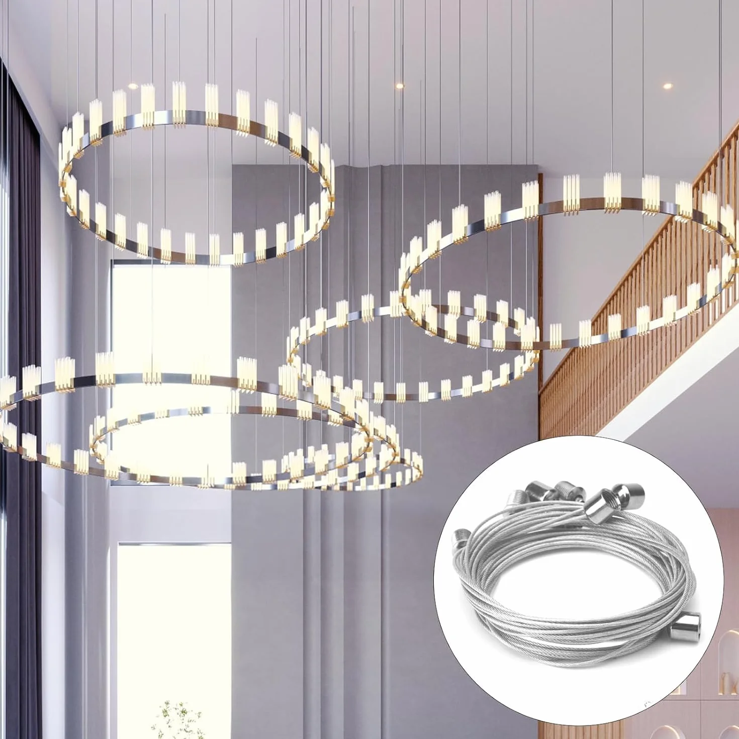Zestaw 4 zawieszek linowych 1,5 mm x 2 m regulowane zawieszenie linka druciana napinacz lamp