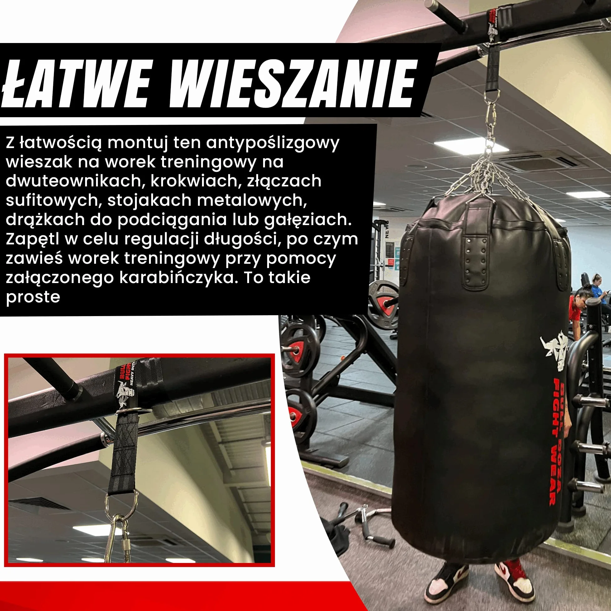 BULL DOZA FIGHT WEAR Wieszak na worek bokserski - cichy mocny antypoślizgowy - trzy rozmiary