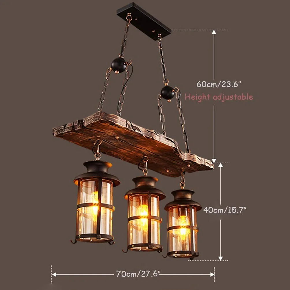 Lampa wisząca vintage E27, przemysłowa retro drewno czarna żelazo i szkło, klosz loft z regulacją wysokości