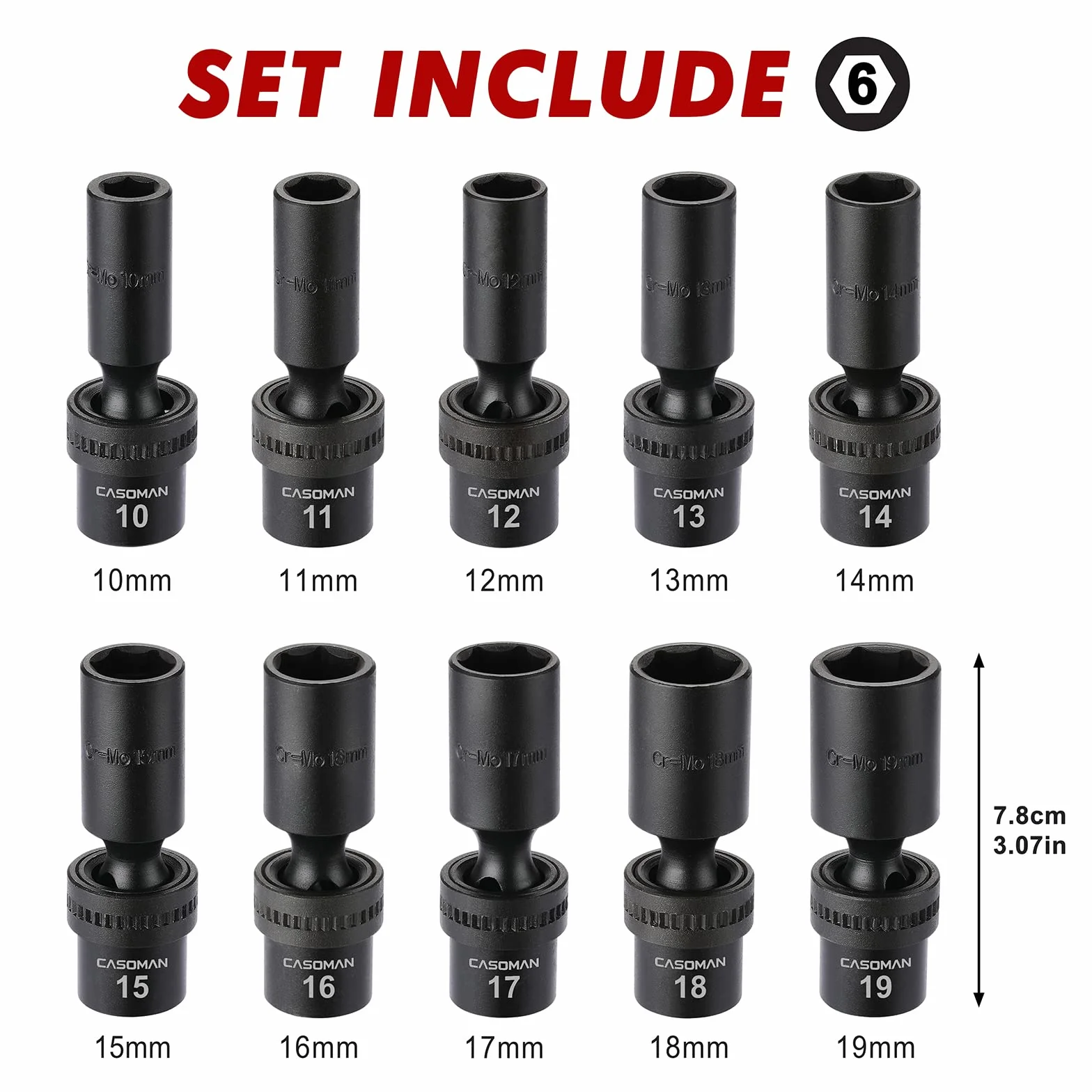 CASOMAN 3/8" Drive Deep Standard zestaw nasadek udarowych 6-punktowy CR-MO metryczny 10-19 mm