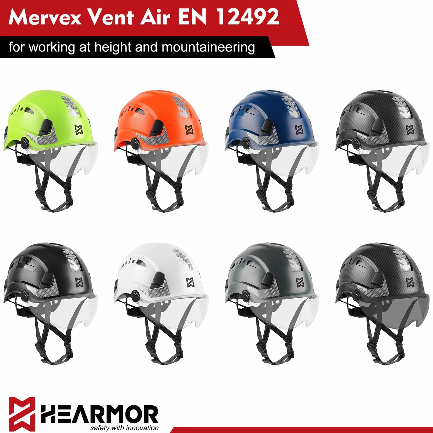 HEARMOR Kask budowlany z wizjerem, kask budowlany dla dorosłych ABS, kask roboczy dla mężczyzn, EN397 i EN12492, amortyzacja uderzeń, odporność na penetrację, wizjer, przezroczysty lub przydymiony