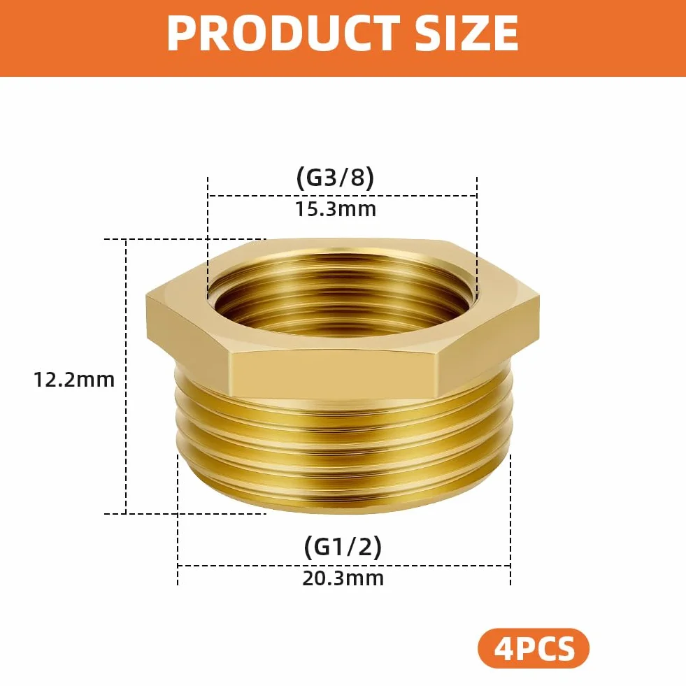 Flintronic 4 sztuki mosiężnych złączek redukcyjnych 1/2 do 3/8 cala, gwint zewnętrzny 20,5 mm do wewnętrznego 15,5 mm