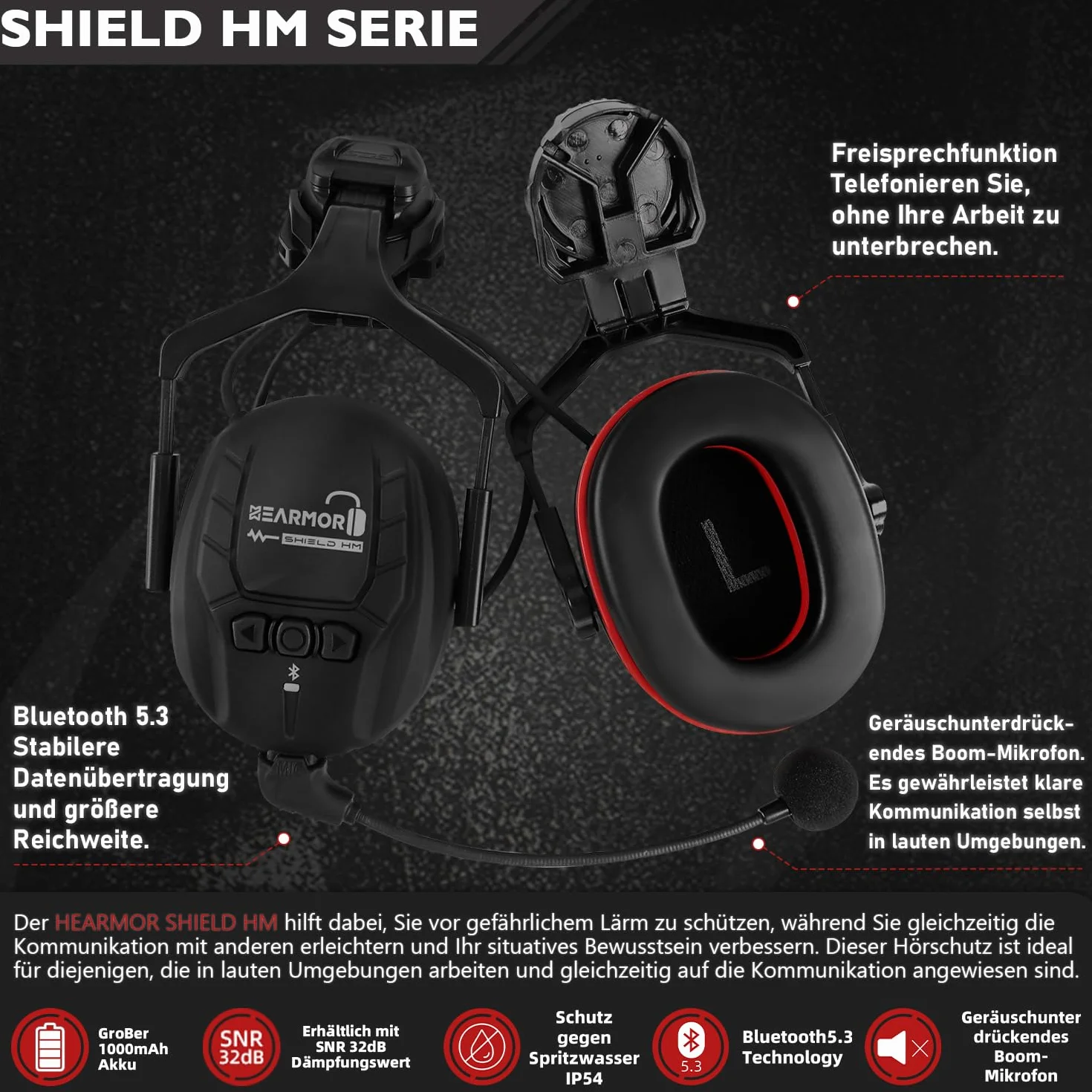 HEARMOR Ochrona słuchu Bluetooth SNR 32 dB, zamocowana na kasku