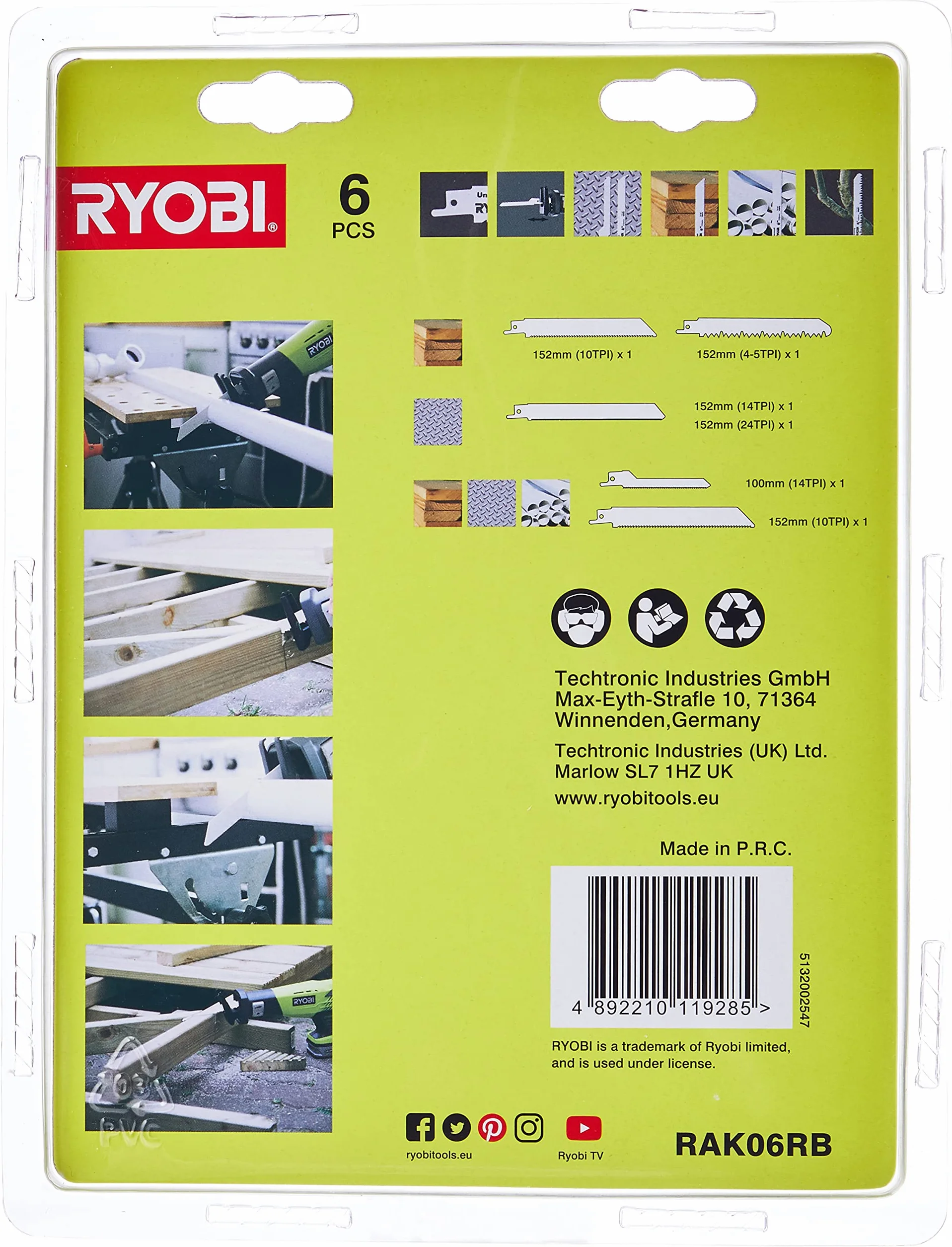 Ryobi Wymienne Brzeszczoty RAK06RB 6 szt do Piły Szablastej RRS1200 RRS1801M R18RS-0 R18RS7-0