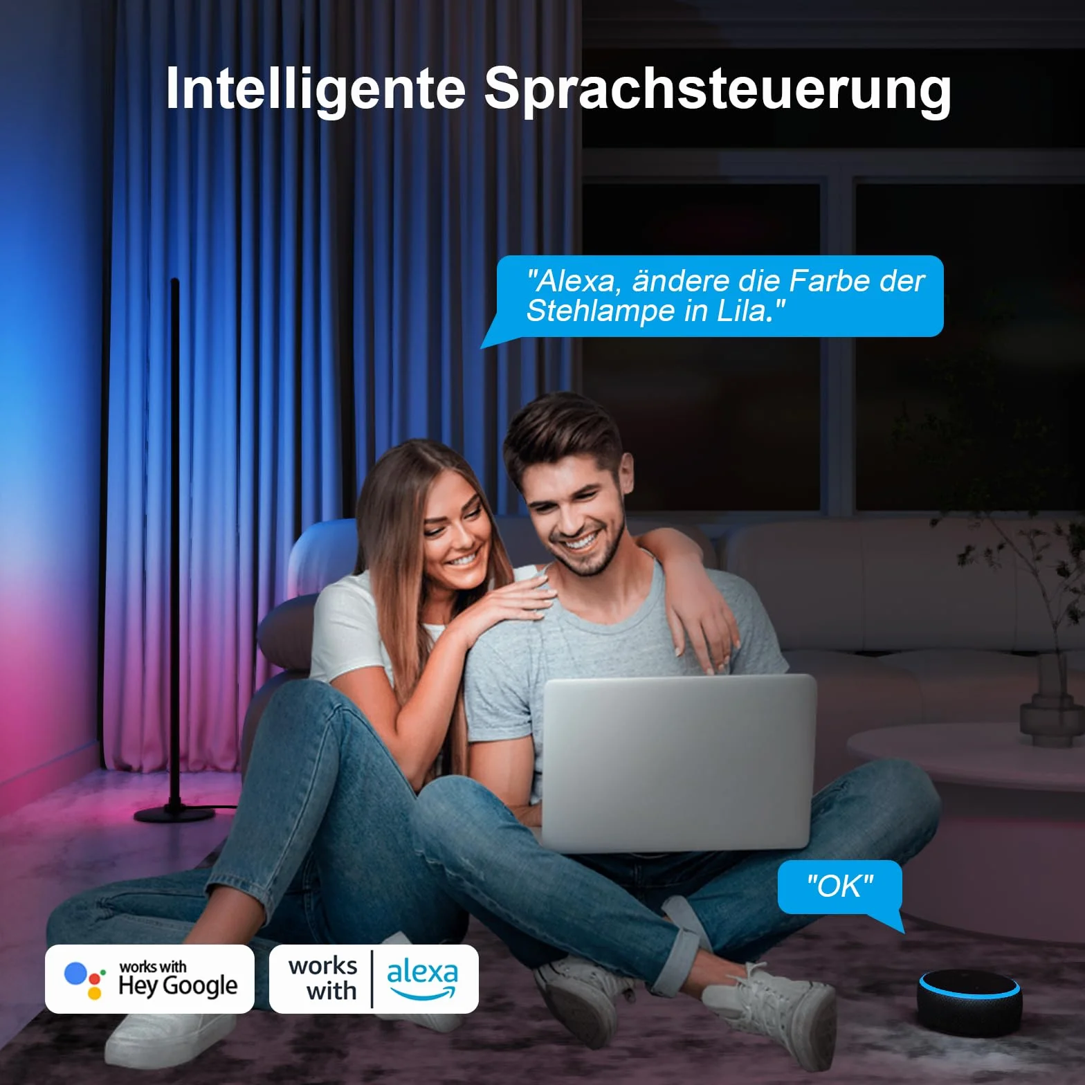Lanmonlily Lampa podłogowa LED RGBICW WiFi 16 mln kolorów 68 trybów Alexa Google