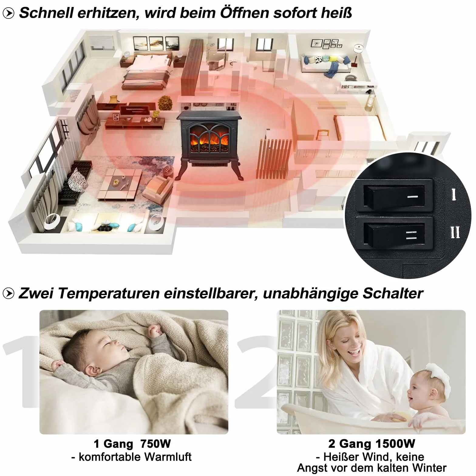 Kominek elektryczny przenośny 750W 1500W LED czarny