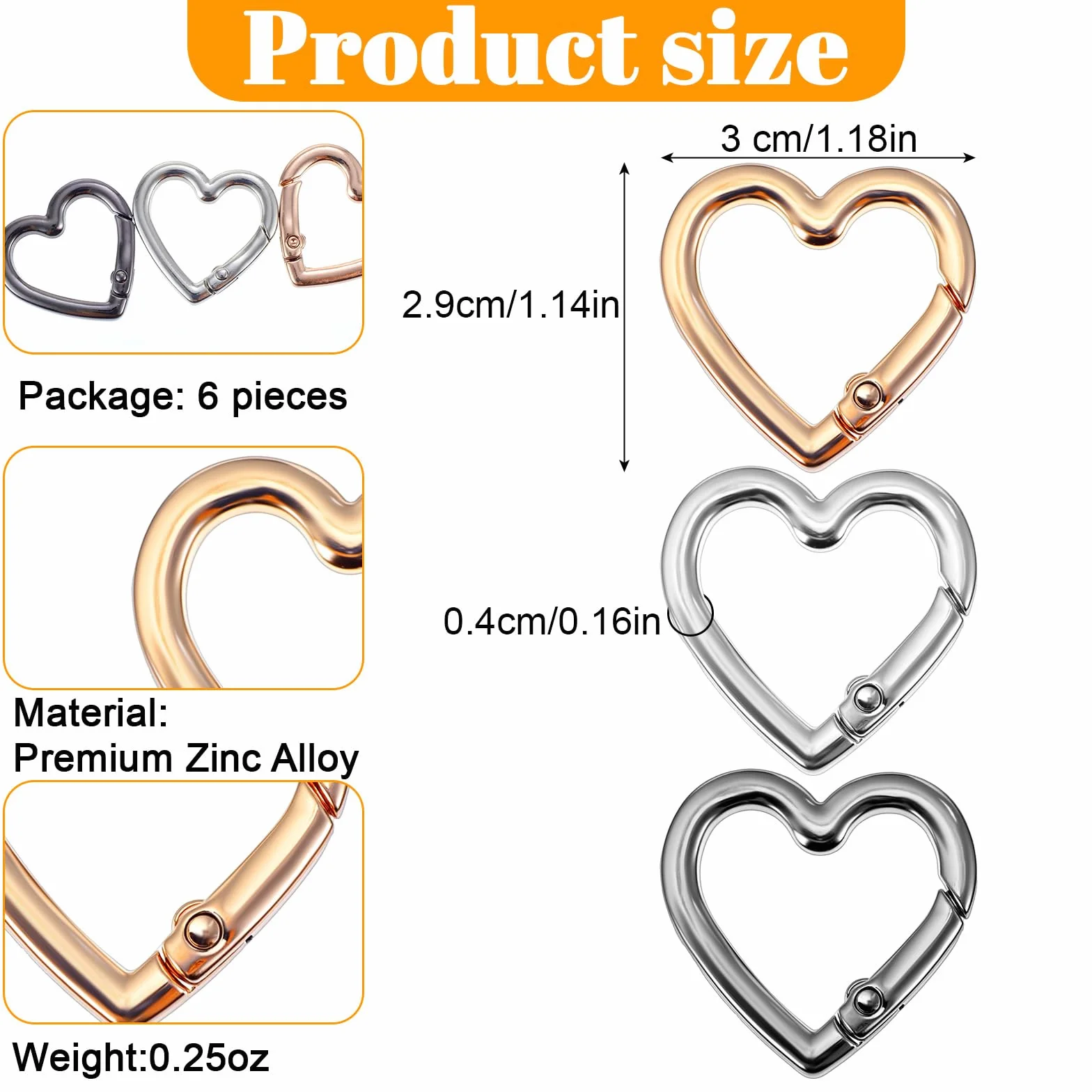 Aluminiowe karabińczyki w kształcie serca 30 mm 6 sztuk do kluczy, plecaka, kempingu