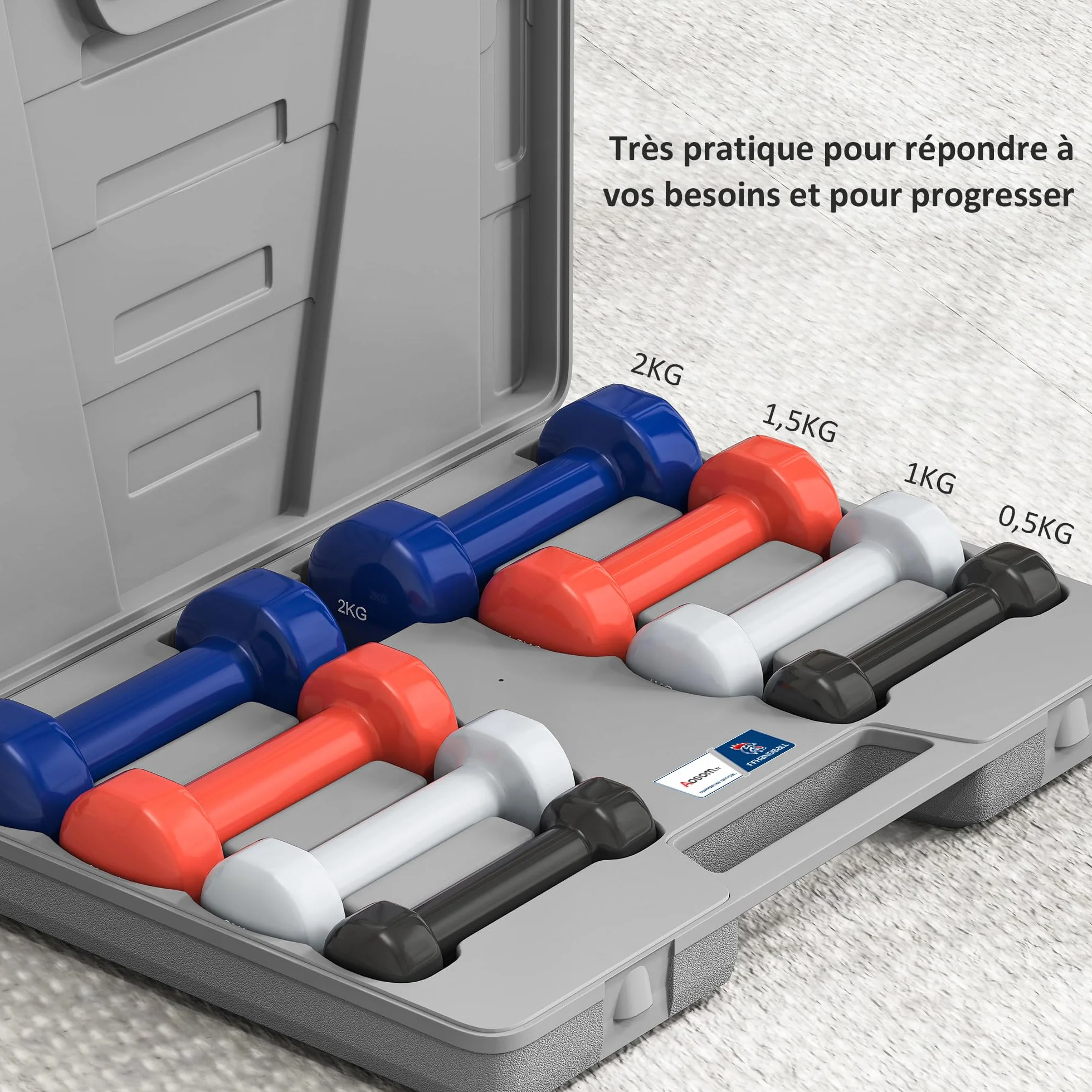 HOMCOM Całkowity zestaw hantli 10 Kg - Współpraca Aosom.fr x FFHandball - pary 0,5/1/1,5/2 Kg z walizką - Trening mięśni - Metal PU