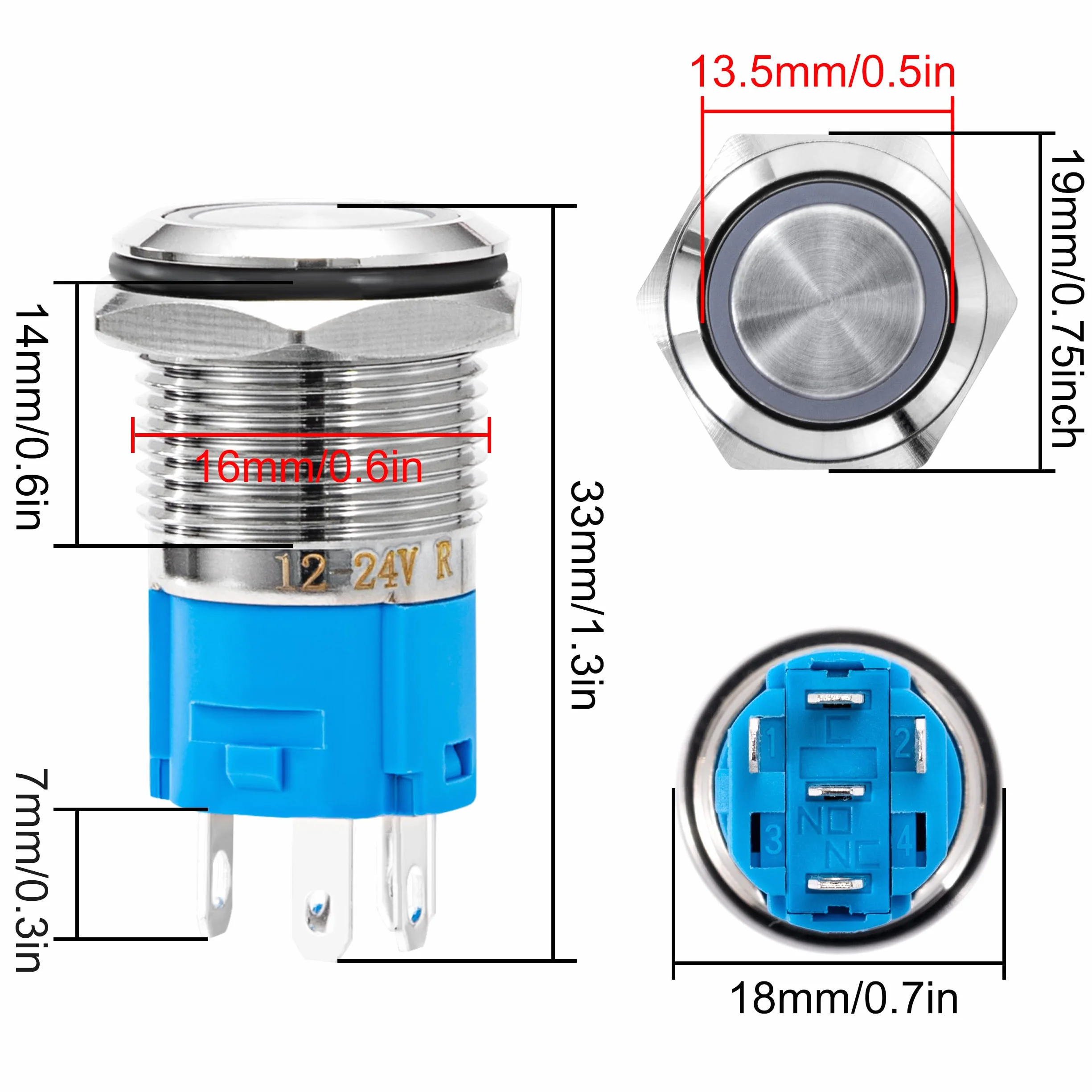 QIMEI-SHOP 5 sztuk Samoblokujący przełącznik przyciskowy 16 mm przyciski 12V-24V 3A Wodoodporne chromowane mosiężne przełączniki przyciskowe z czerwonym pierścieniem LED