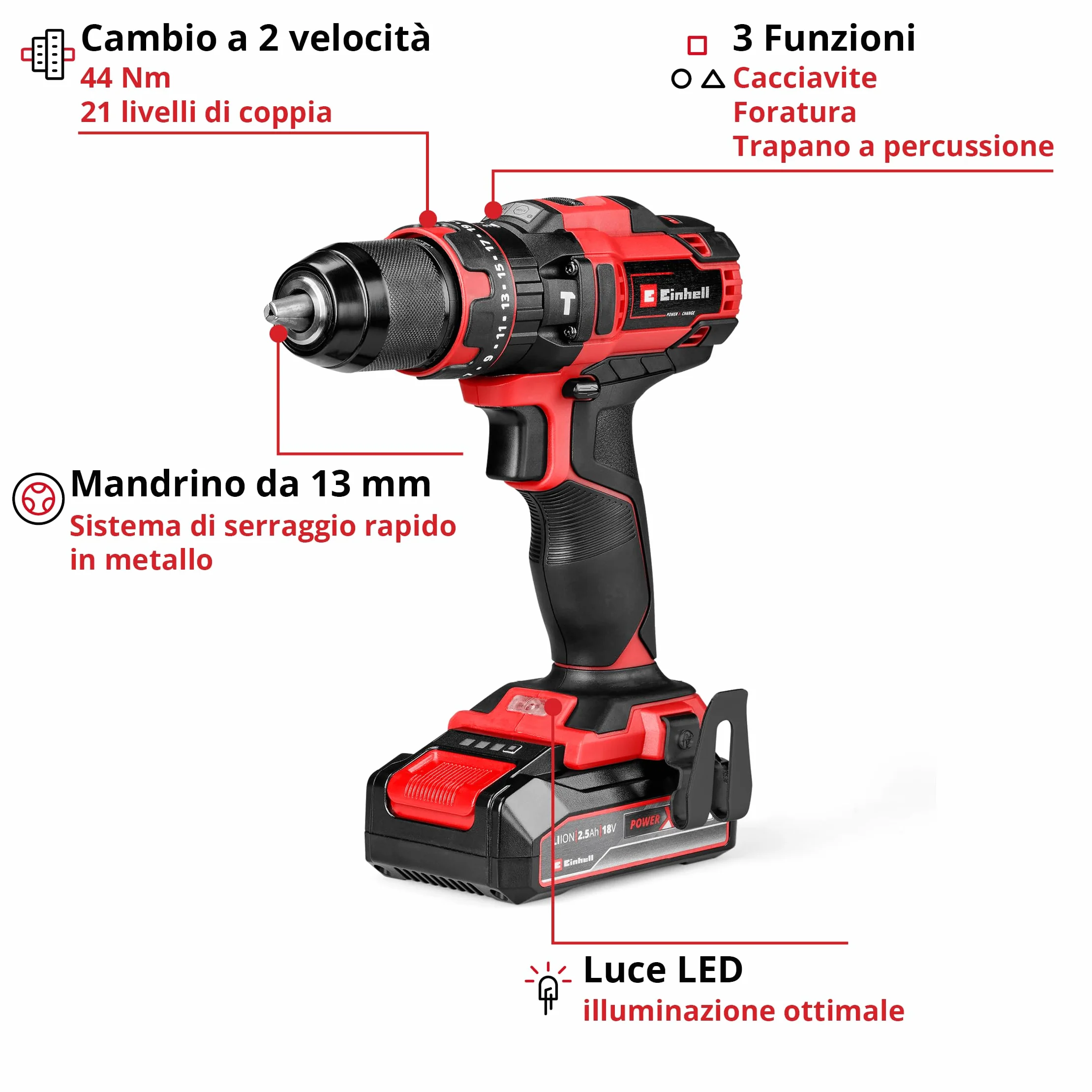 Einhell TE-CD 18/44 Li-i Akumulatorowa wiertarko-wkrętarka udarowa 18 V 44 Nm 2,5 Ah Power X-Change