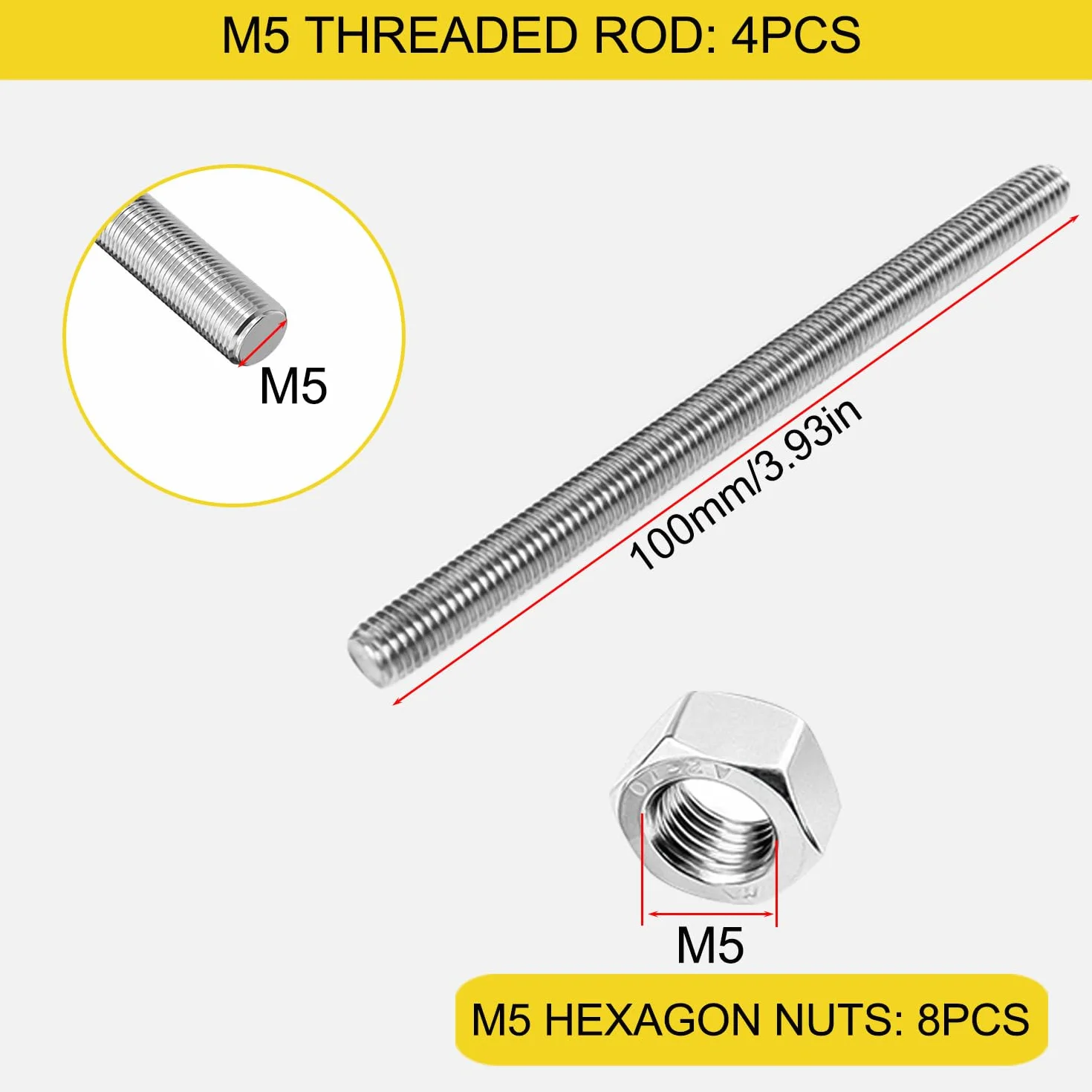 Pręt gwintowany M5 x 100 mm stal nierdzewna 410, 4 szt.