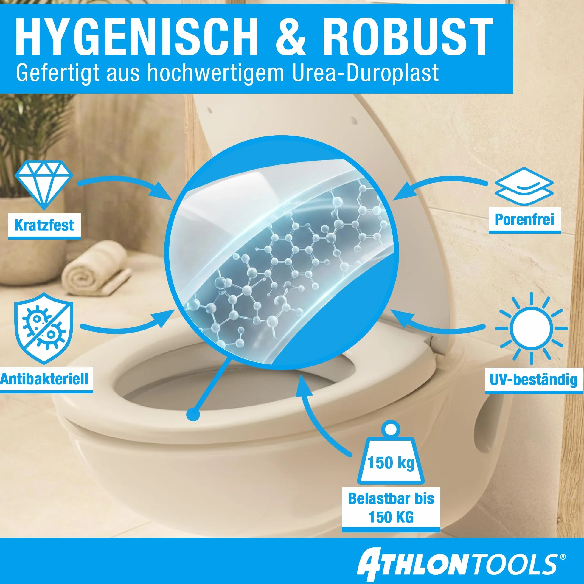 ATHLON TOOLS Deska sedesowa wolnoopadająca w kształcie litery O z duroplastu Soft-Close Quick-Release antybakteryjna odporna na zarysowania i UV