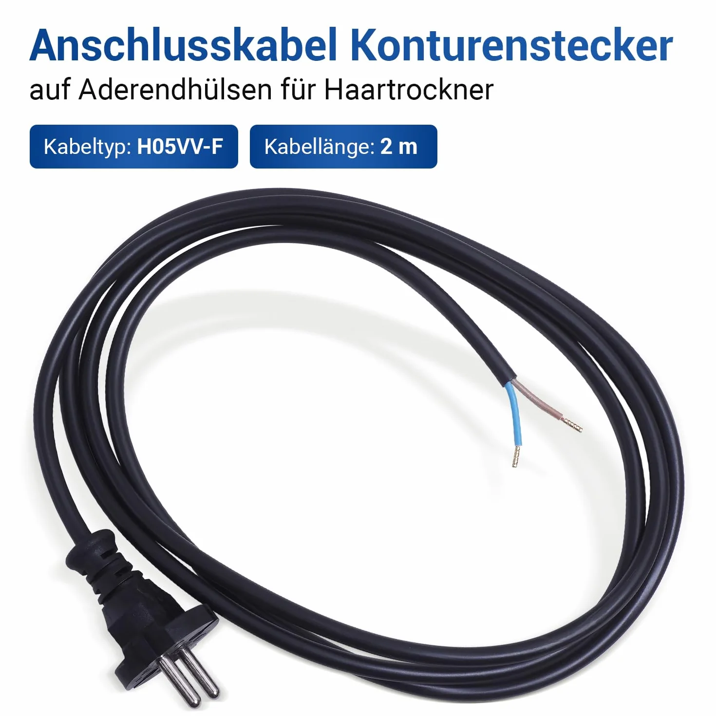 VIOKS Kabel przyłączeniowy do suszarki do włosów, 2 x 1 mm², 2 m, czarny, H05VV-F, 2-żyłowy kabel przyłączeniowy, kabel zasilający do suszarki do włosów