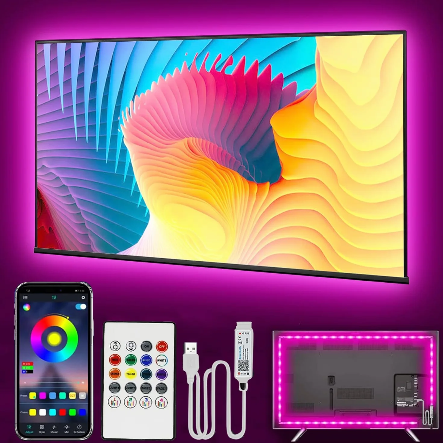 Taśma LED Bluetooth do telewizora 40-60 cali, podświetlenie LED 2M z synchronizacją muzyki, aplikacją i pilotem
