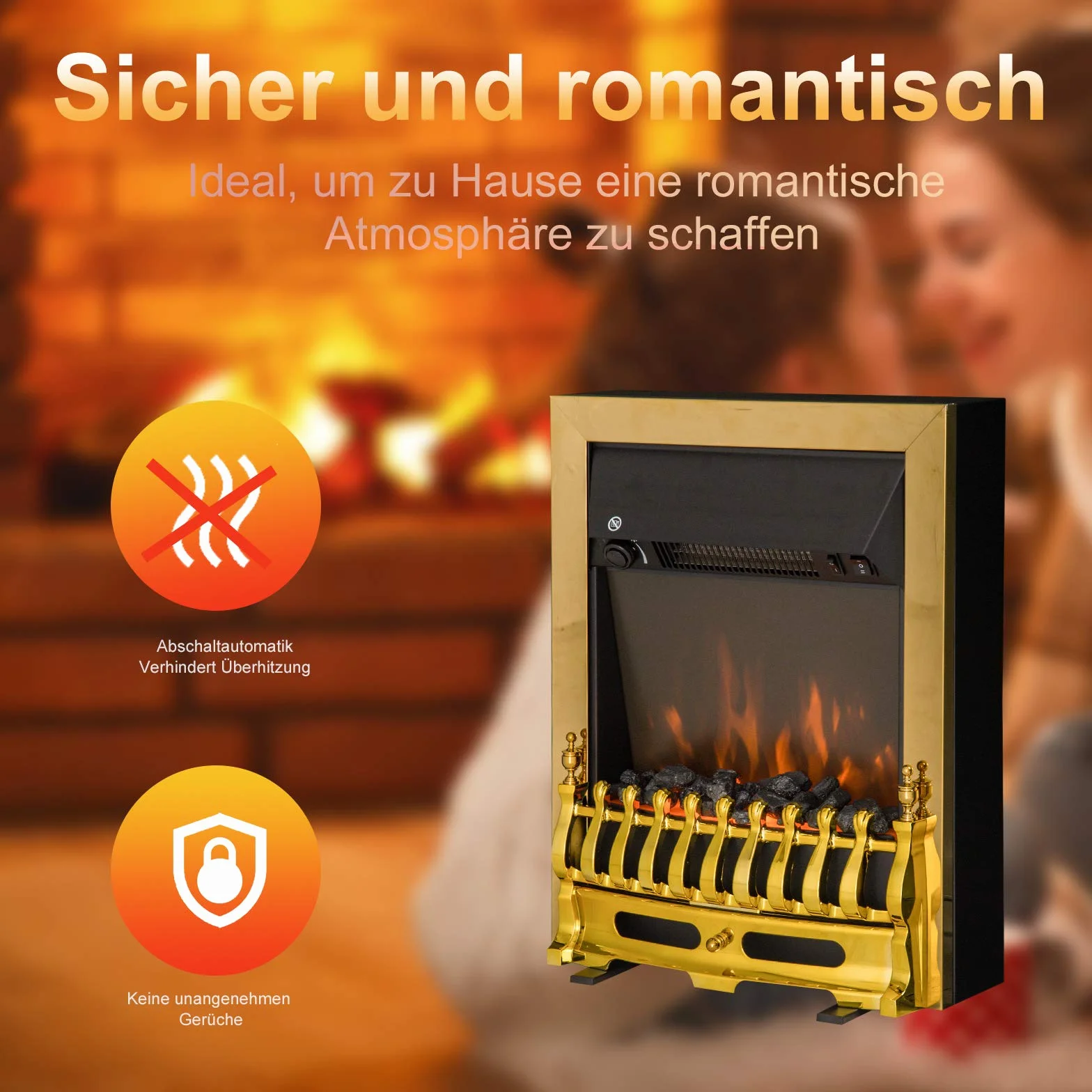 HOMCOM kominek elektryczny stojący 1000/2000W 48,2x18,5x59,2 cm złoty