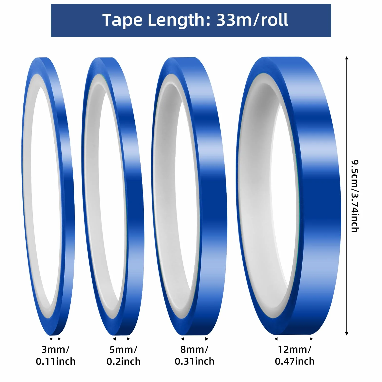 Mozeat Lens 4 rolki odpornej na wysokie temperatury taśmy klejącej do sublimacji, 3/5/8/12 mm x 33 m, taśma termiczna, niebieska, bez pozostałości, taśma termiczna do elektroniki, płytek drukowanych,