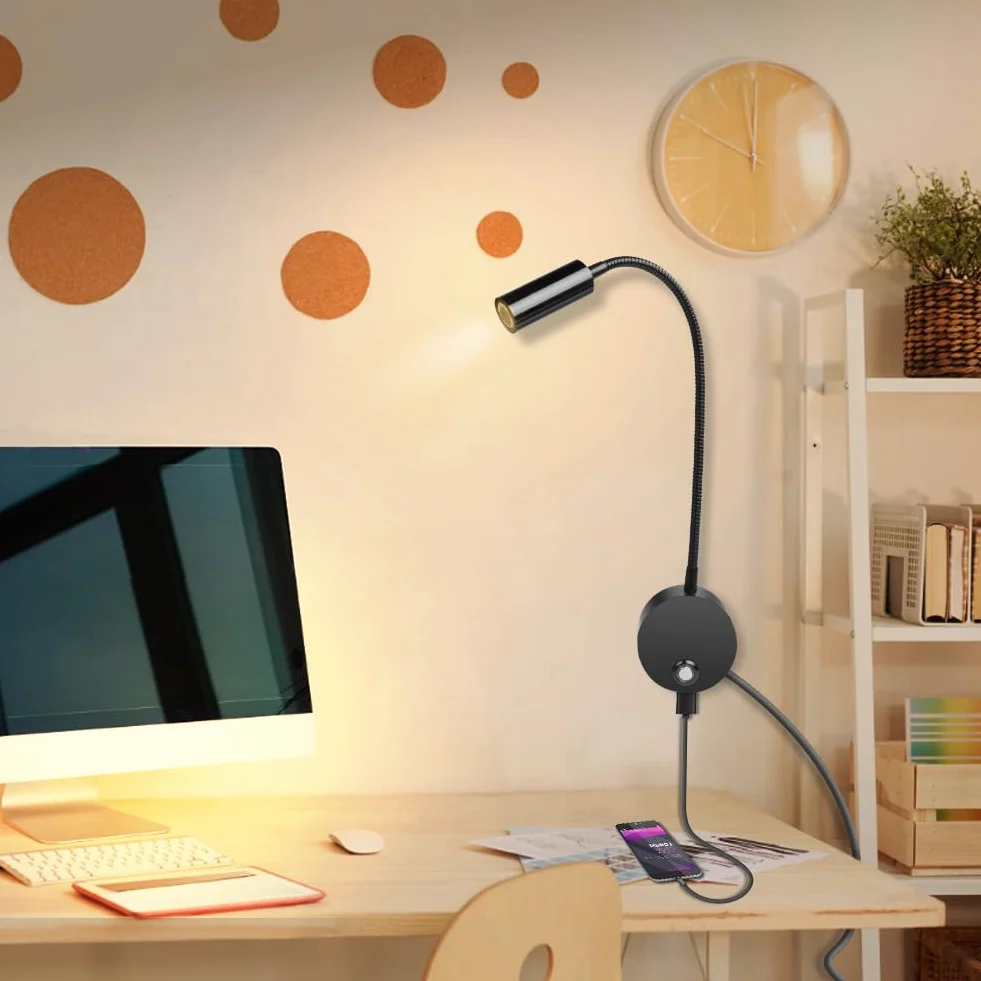 HOTUT Lampka Do Czytania Montowana Na Ścianie, Ściemnialna, USB, Czarna