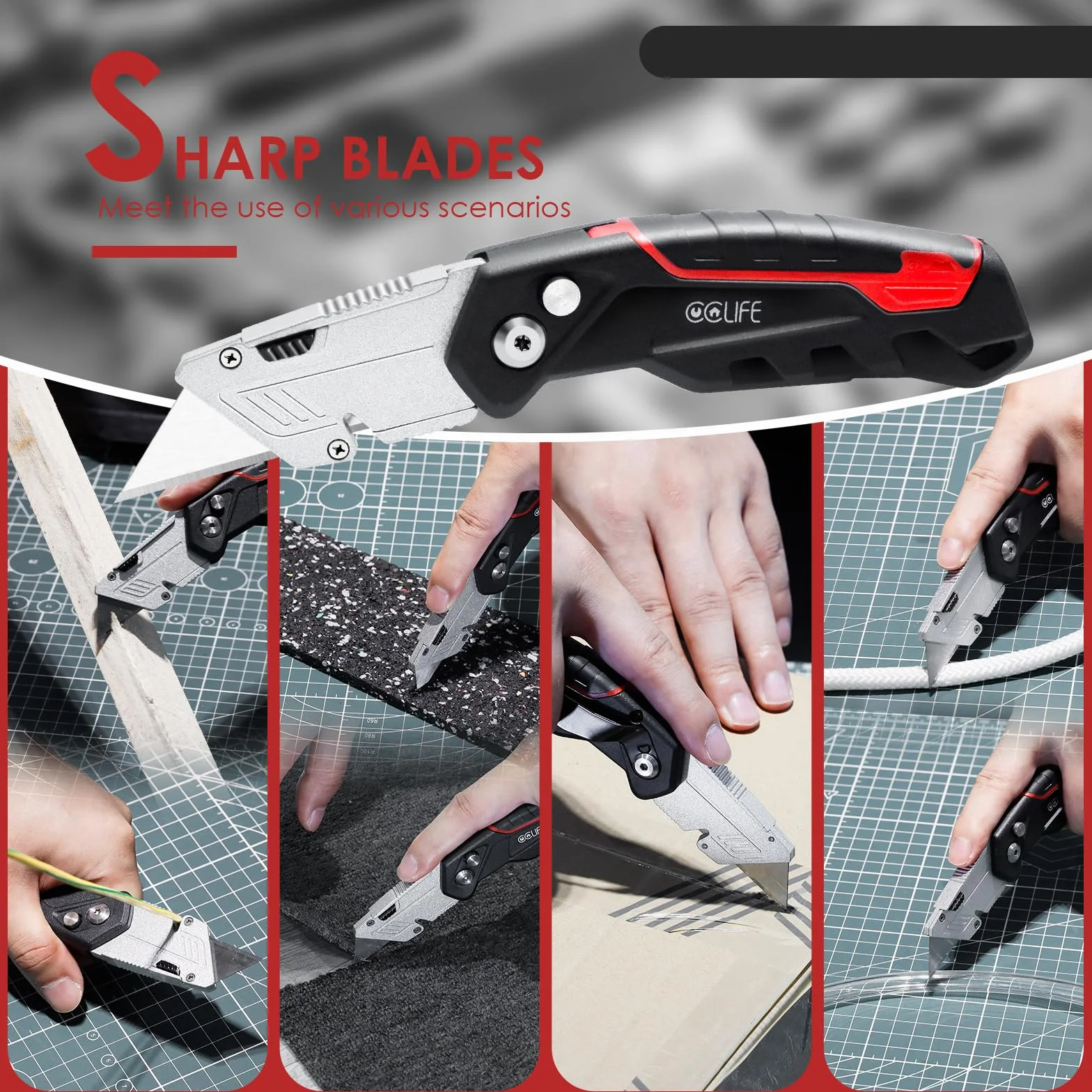 CCLIFE składany nóż uniwersalny do dywanów z 10 ostrzami ze stali nierdzewnej, Safety-Lock, czarno-czerwony