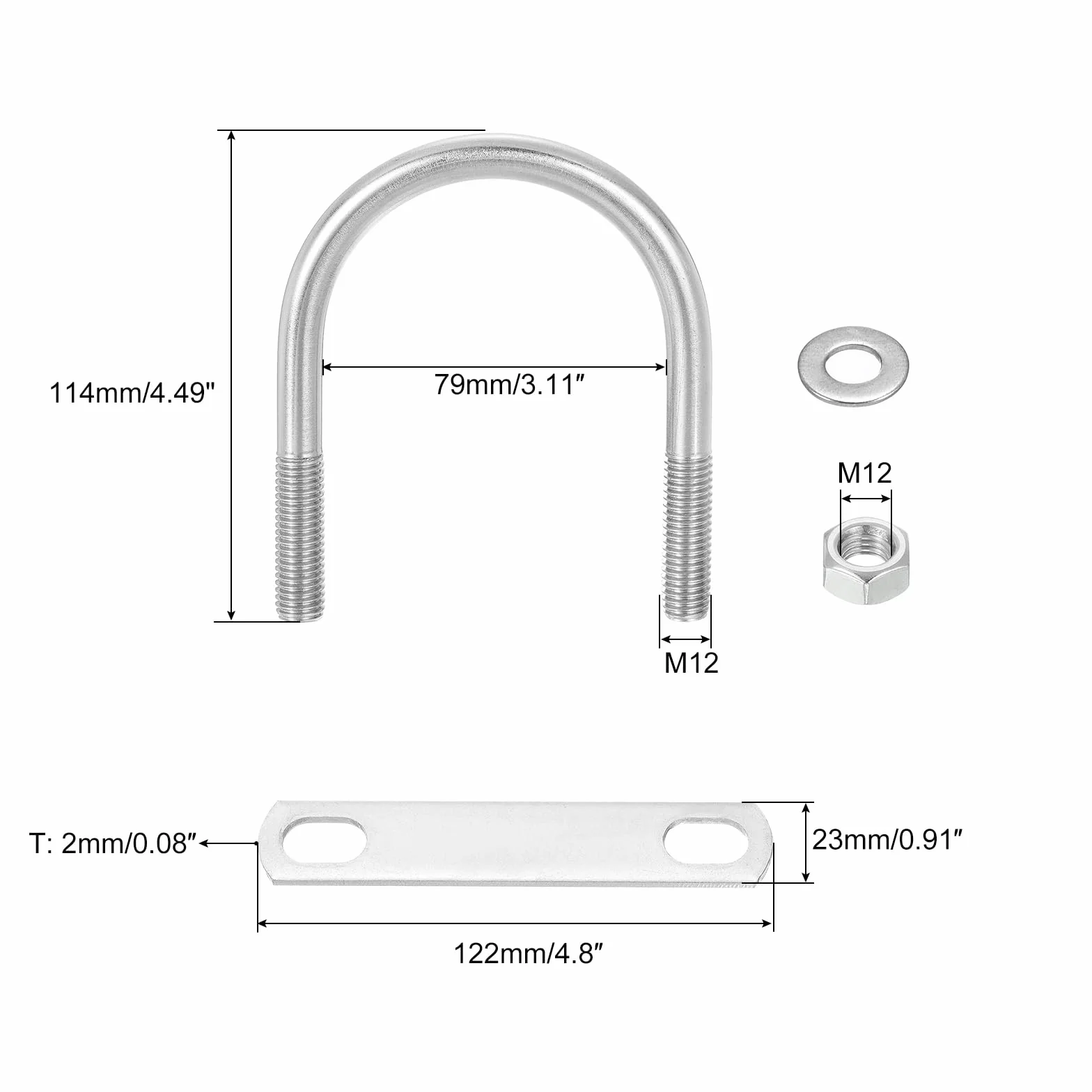 QUARKZMAN Zestaw 6 okrągłych śrub w kształcie litery U, szerokość wewnętrzna 77 mm (3,03 cala), długość 114 mm M12 Śruba z zaciskiem U ze stali nierdzewnej 304 z nakrętkami i płytkami, do przyczepy do