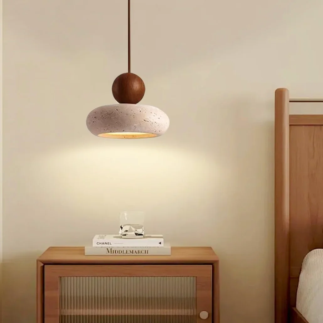 Lampa Wisząca z Trawertynu LED Styl Wabi-Sabi Drewno Okrągła Żyrandol Kamień Naturalny Mała Lampka Nocna