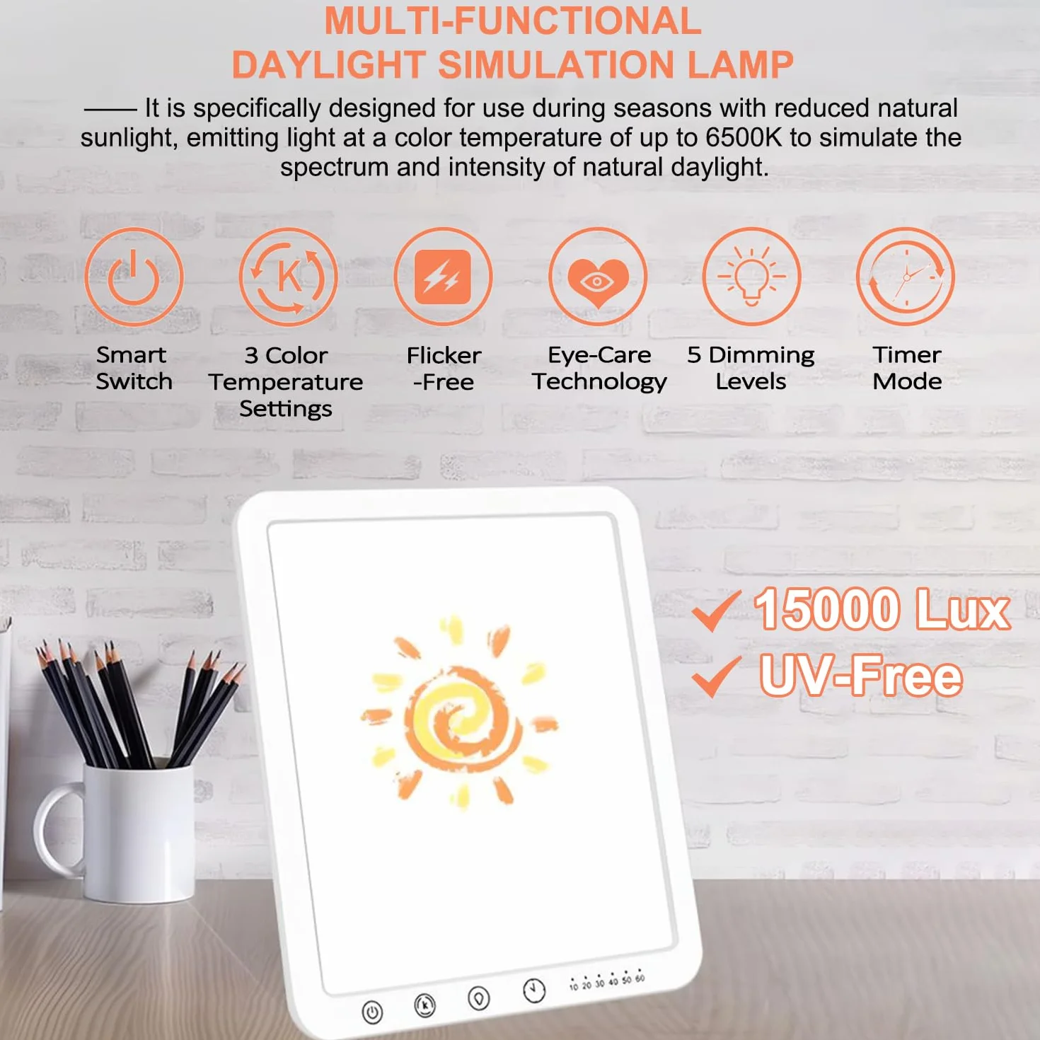 Lampa Terapii Światłem 15000 Luksów, 3 Temperatury, 5 Poziomy Jasności, Timer, bez UV