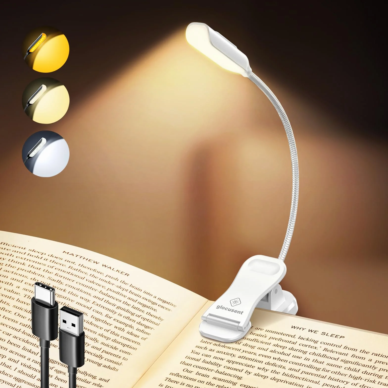 Glocusent Lampa do czytania z 10 diodami LED, klips, 3 kolory, 3 jasność, USB-C, 80h
