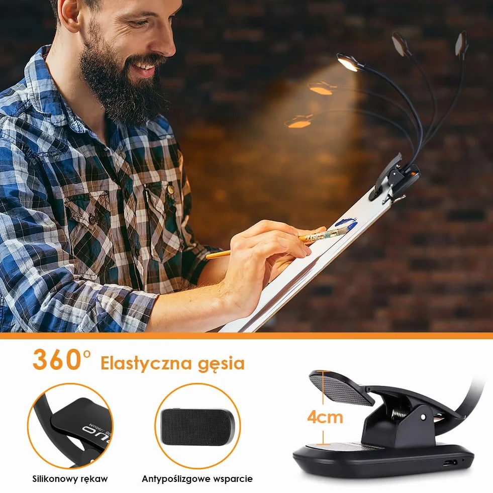 OUSFOT Lampka do Czytania z Klipsem 9 LED USB 3 Jasności Regulacja 360° Elastyczna Lampa LED