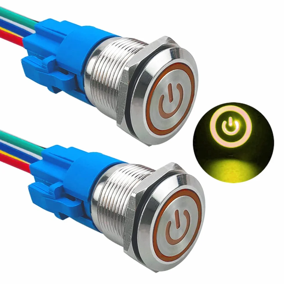 Automatyczny przełącznik przyciskowy 19 mm 12V/24V 5A wodoodporny IP67 stal nierdzewna z wtyczką przewodową żółta dioda LED