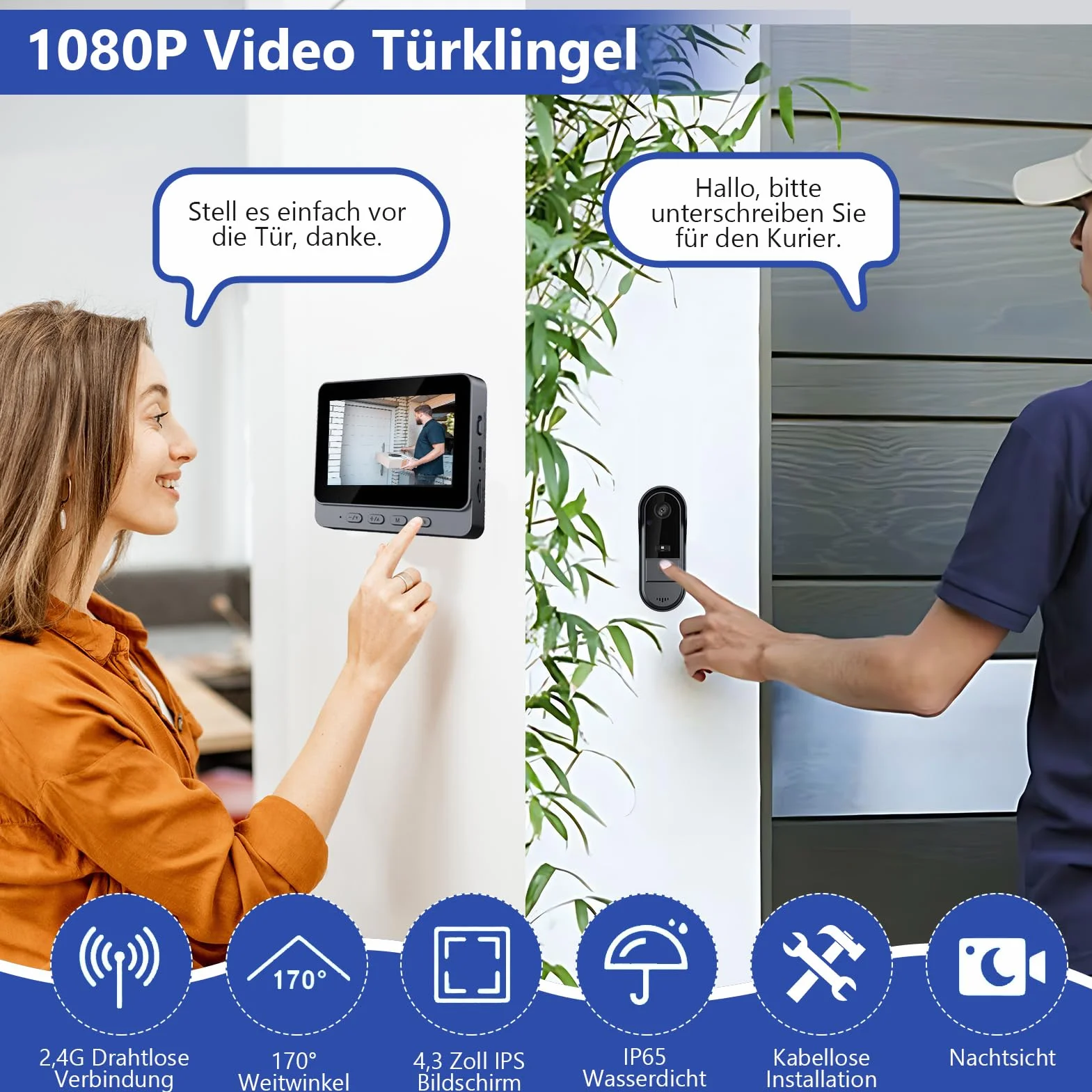 VINGVO Dzwonek do drzwi z kamerą, 1080p, IP65, ekran IPS 4,3", widoczność w nocy na podczerwień
