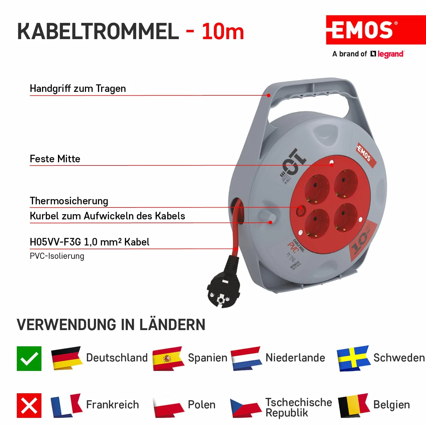 EMOS Mini bęben do kabli 10 m 4 gniazda Schuko 230 V 2300 W IP20