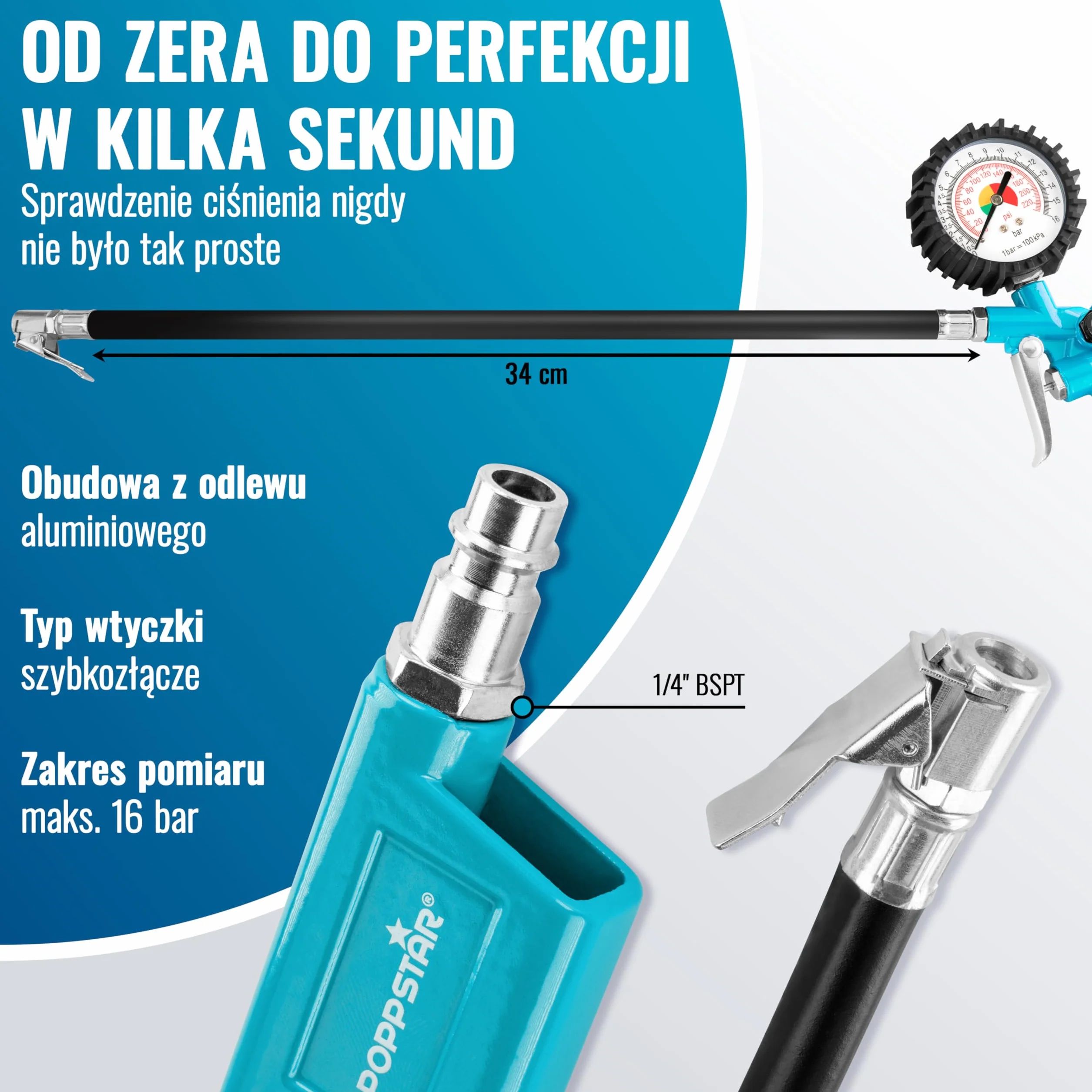 Poppstar zestaw akcesoriów do sprężonego powietrza: napełniacz do opon 0-16 bar, wąż spiralny 5m, pistolet przedmuchiwania 12 bar
