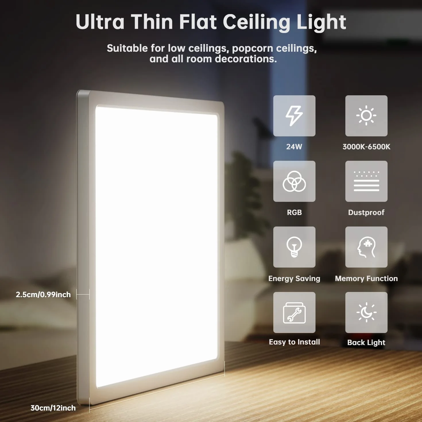 RGB LED Sufitowa Lampa Ściemnialna 24W Panel 3000K-6500K 2400lm Kwadratowa Biała 30x2,5cm