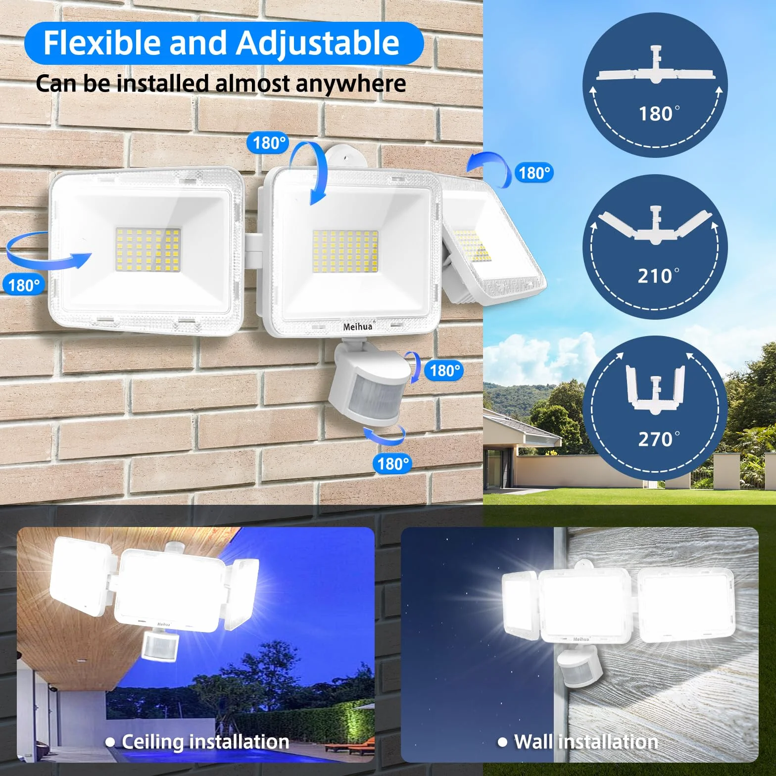 MEIHUA Reflektor LED 70 W z czujnikiem ruchu IP66 6500 K trzygłowicowy regulacja 180°