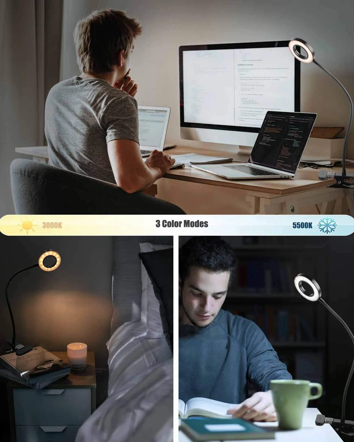 EYOCEAN Lampka do czytania LED z zaciskiem, łabędzia szyja, 3 tryby, 10 poziomów ściemniania