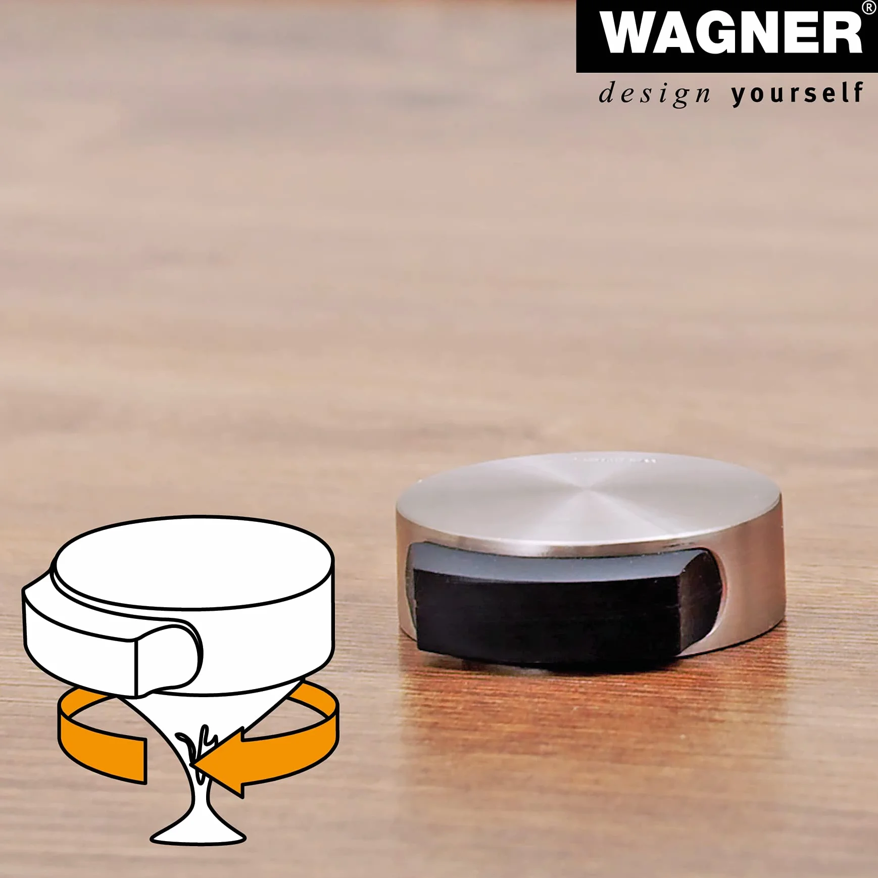WAGNER Designerski stoper podłogowy do drzwi SCREW OR GLUE/wkręty lub klejone - średnica Ø 50 x 55 x 17 mm, szczotkowany metal, wygląd stali nierdzewnej, kauczuk termoplastyczny, cena designu -