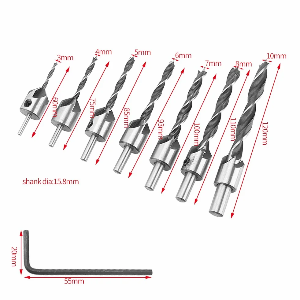Zestaw wierteł HSS 5-7 sztuk 3mm-10mm z kluczem hex do drewna
