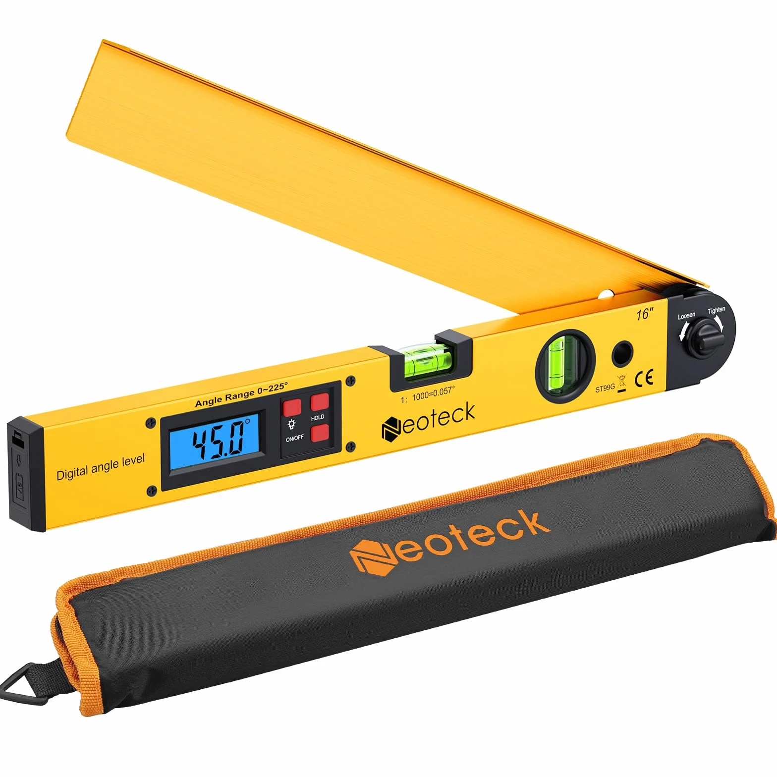 Neoteck Cyfrowy kątomierz 400 mm LCD 0-225° z poziomicą, złoty