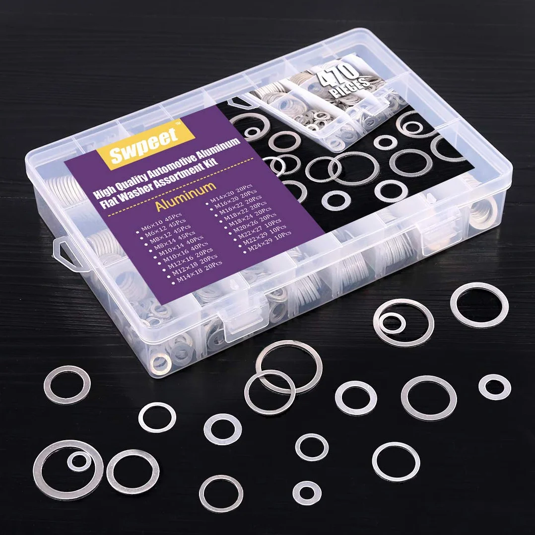 Swpeet 470 szt. Samochodowy aluminiowy zestaw podkładek płaskich M6 M8 M10 M12 M14 M16 M18 M22 M24