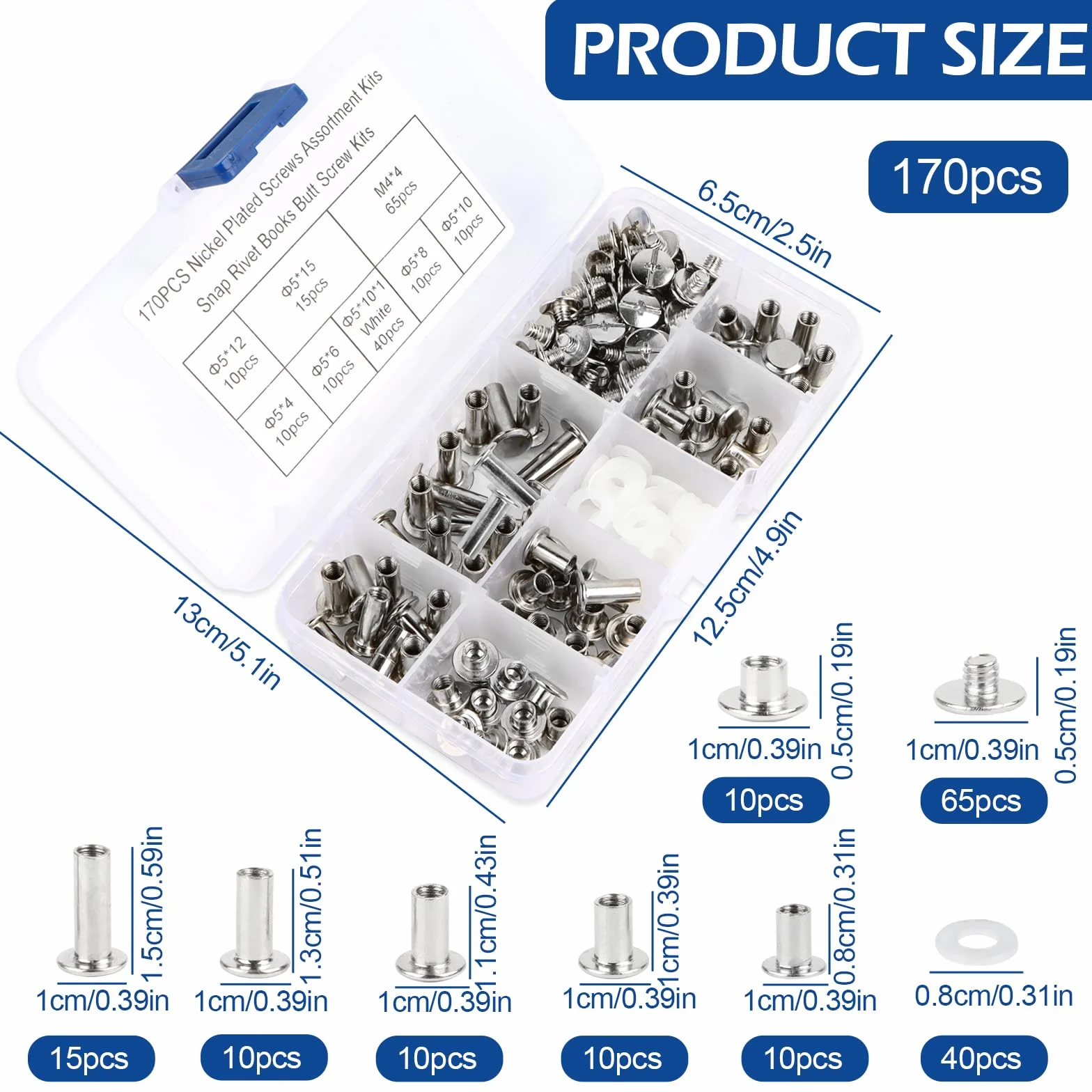 170 sztuk wkrętów Chicago ze stali nierdzewnej, różne śruby krzyżowe M5 x 4-15 mm, płaskie łby 4 x 4 mm, do dekoracji skóry DIY