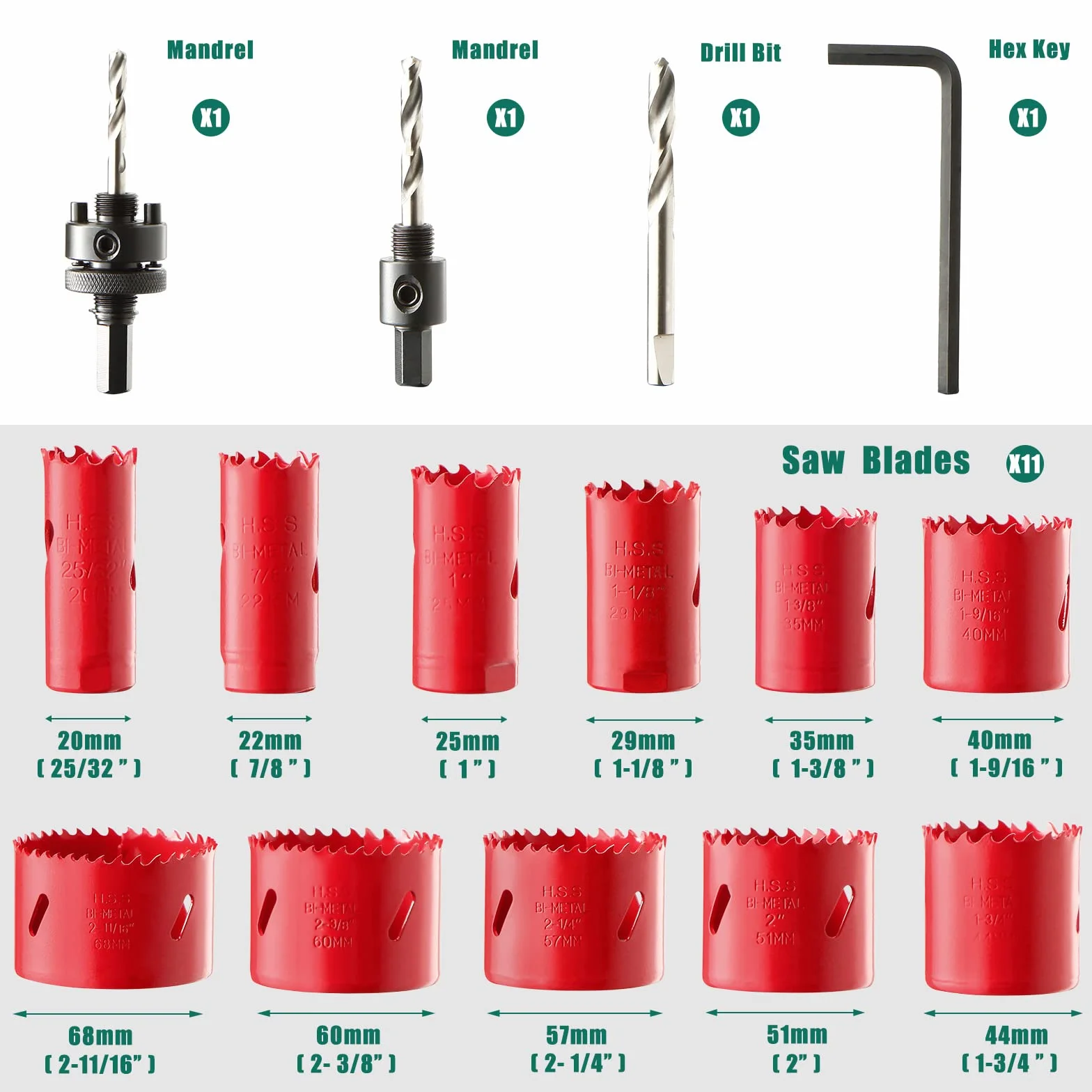 HYCHIKA Otwornica bimetalowa 17 PCS 19mm-68mm z 2 trzpieniami 3 wiertłami 1 kluczem imbusowym