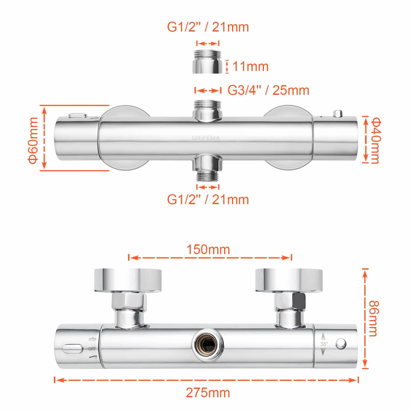 GRIFEMA G17005 bateria termostatyczna prysznicowa, chrom, 3/4" i 1/2"