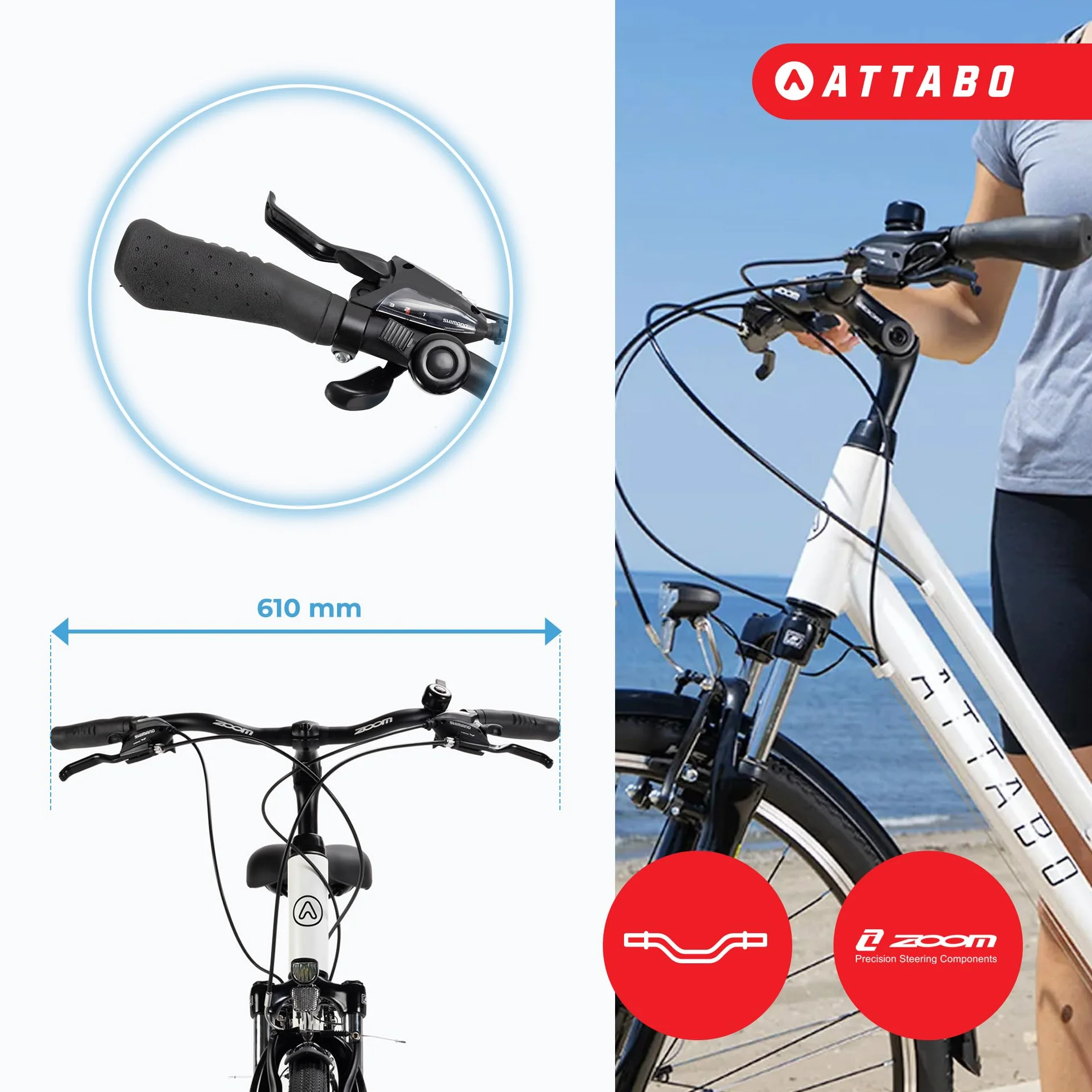 ATTABO Rower trekkingowy damski z ramą 17"-19", ergonomiczna kierownica, hamulce V-Brake, wytrzymały, biały rower z kołami 28", z niskim bagażnikiem, dzwonek rowerowy i odblaskami